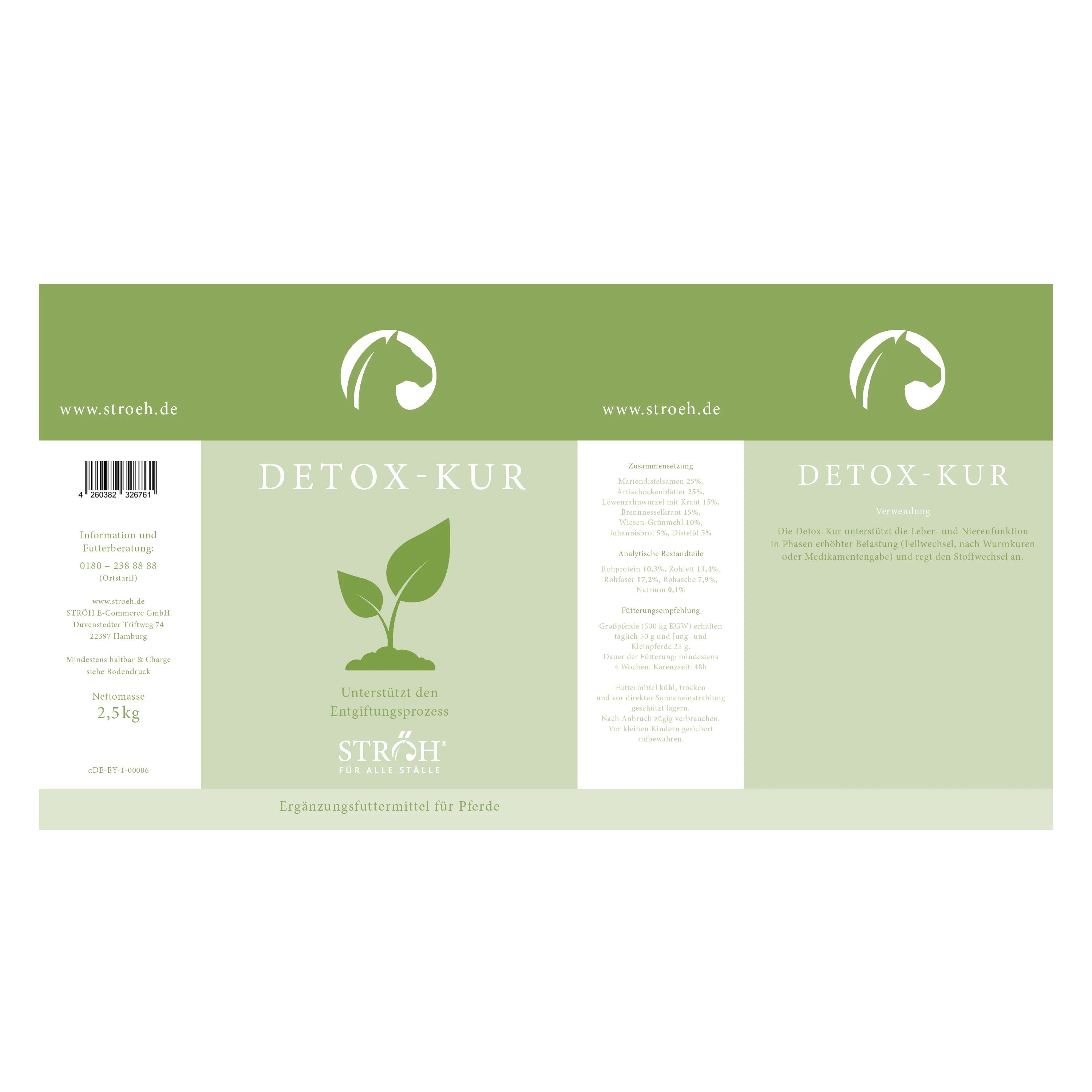 Etikett der STRÖH Detox-Kur. Grün-weißes Design mit Logo, Produktname, Inhaltsangaben und Herstellerinformationen. 2,5 kg.