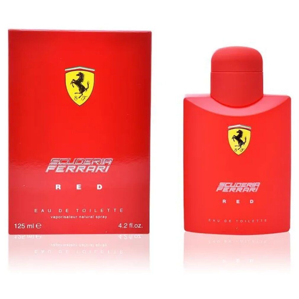 Rotes Eau de Toilette und Verpackung. Logo mit gelbem Schild und schwarzem Pferd. Schriftzug Scuderia Ferrari Red. 125 ml.
