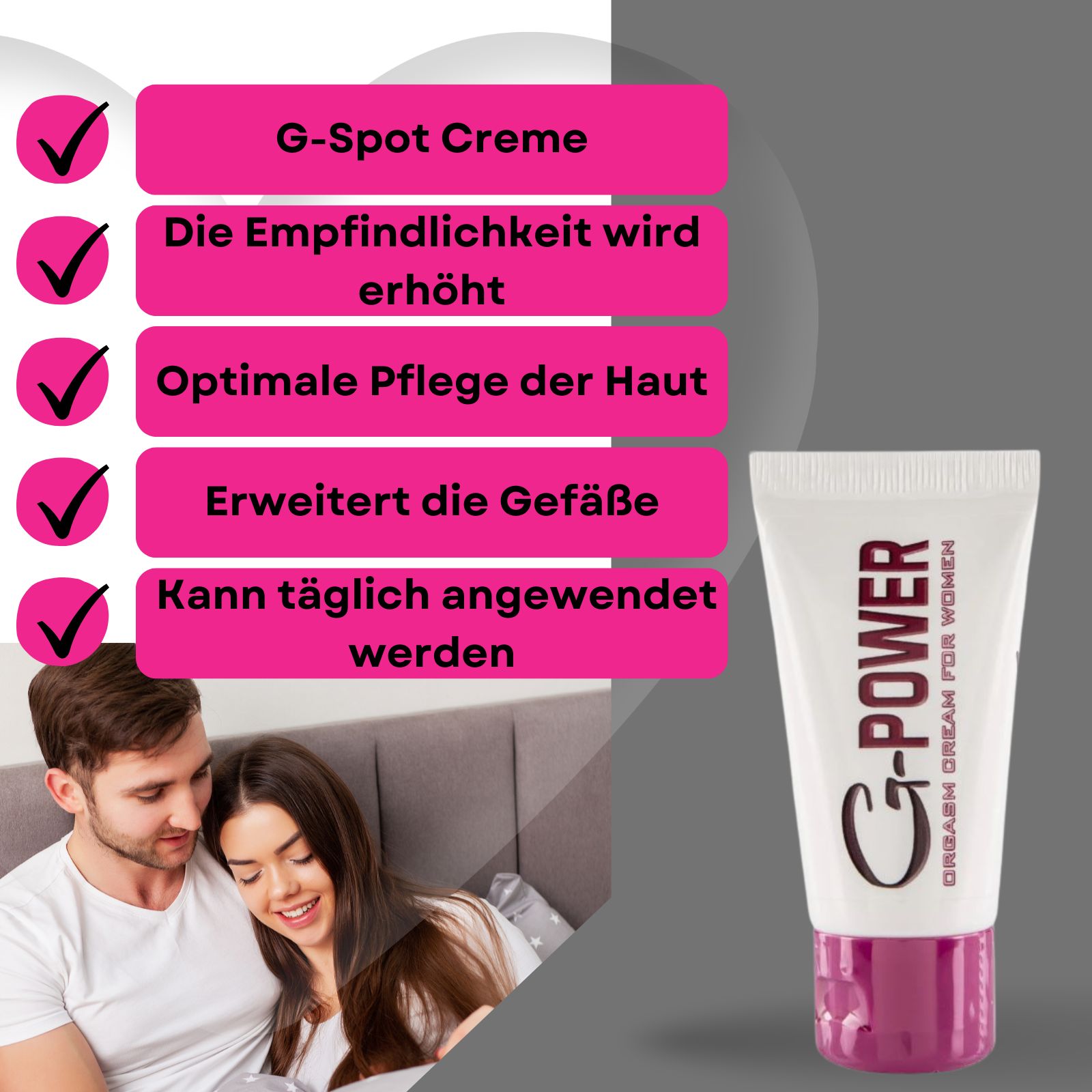 G-Spot Creme-Tube. Text auf rosa Hintergrund. Paar im Hintergrund. Produktname G-POWER.