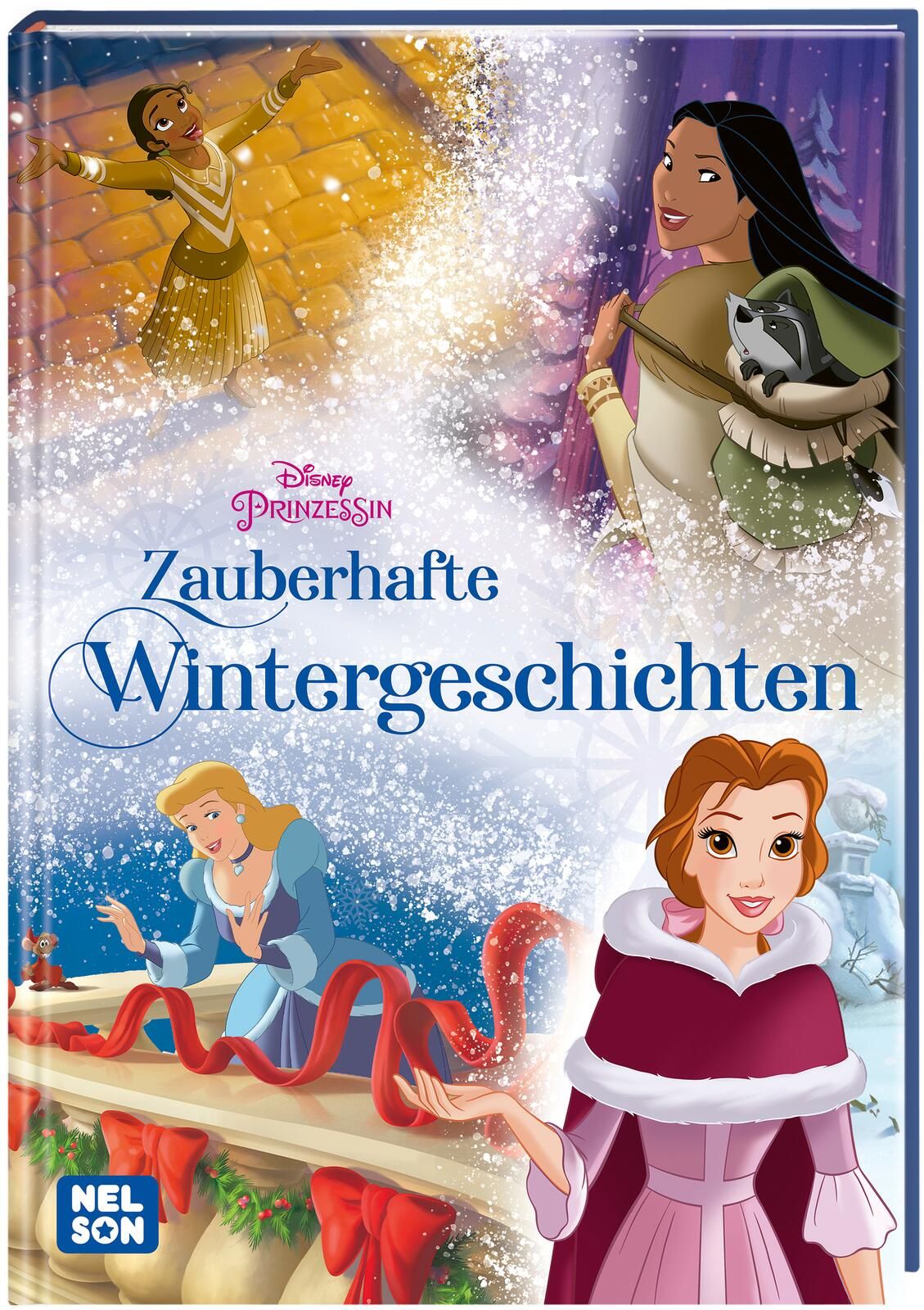 Buchcover mit Disney Prinzessinnen. Titel: Zauberhafte Wintergeschichten. Illustrationen von Tiana, Pocahontas, Cinderella und Belle.
