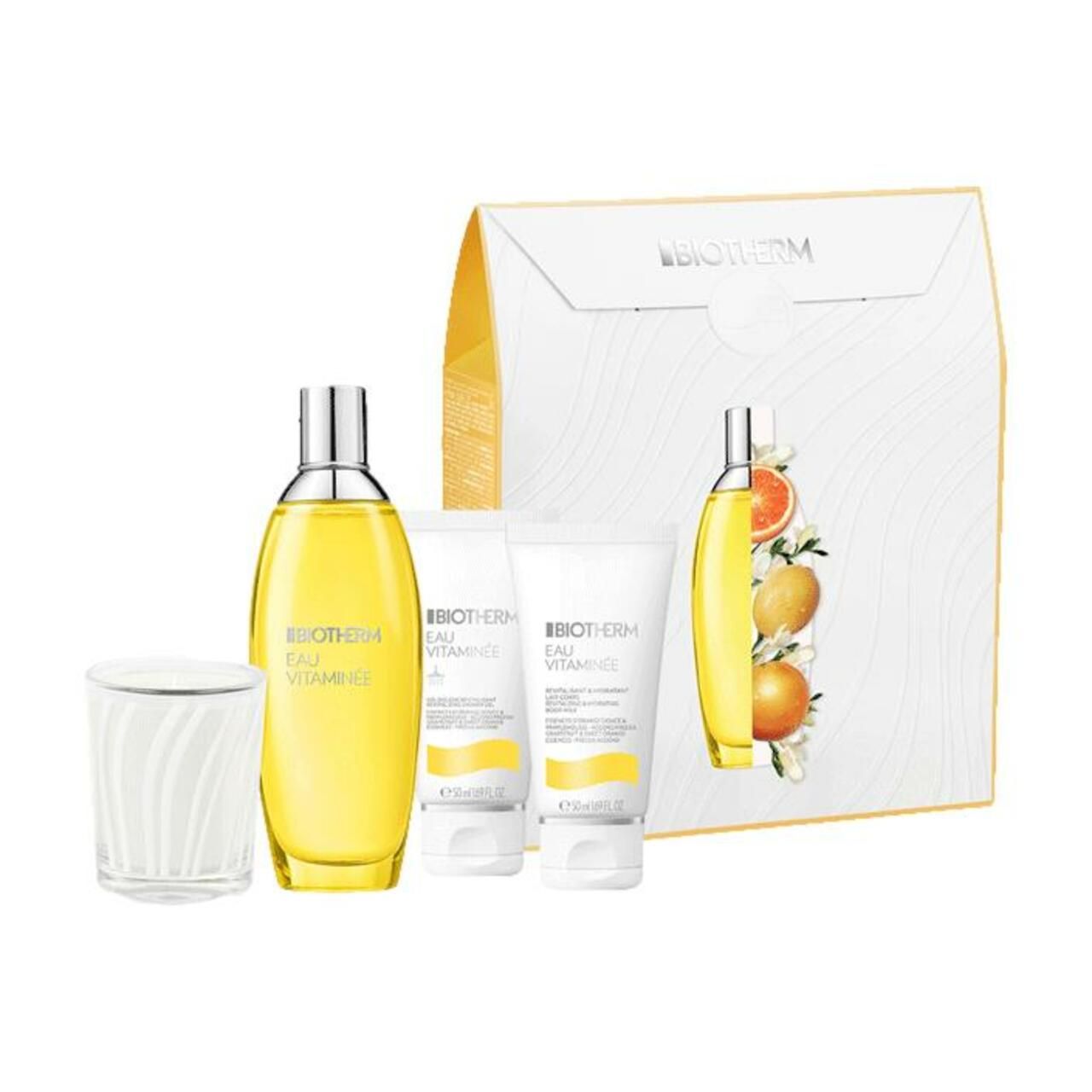 Geschenkset mit BIOTHERM Eau Vitaminée. Enthält Flasche, Cremes und Glas. Weißer Hintergrund.