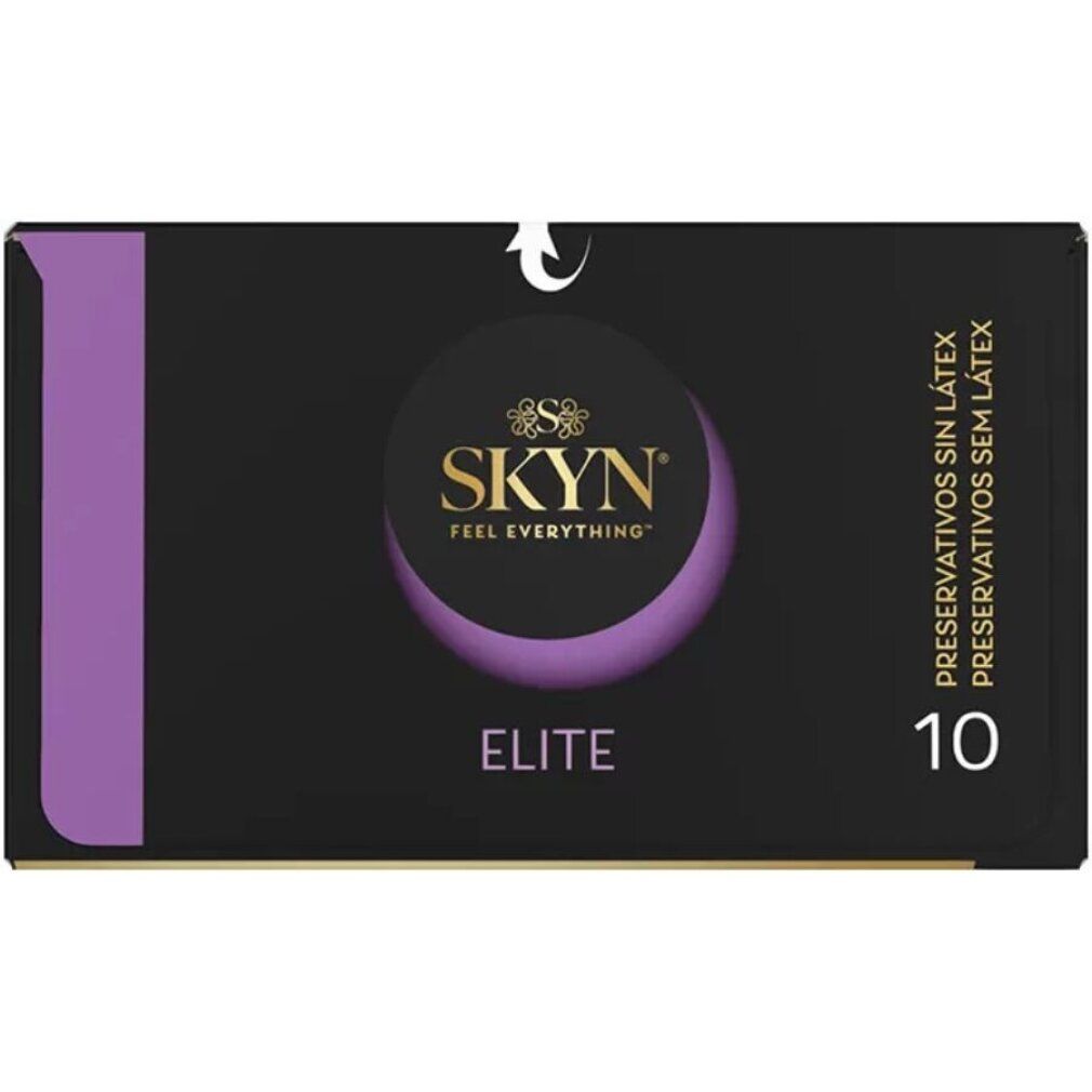 Schwarze Verpackung mit lila Akzent. SKYN Elite Kondome, 10 Stück. Text: "Preservativos sin látex".