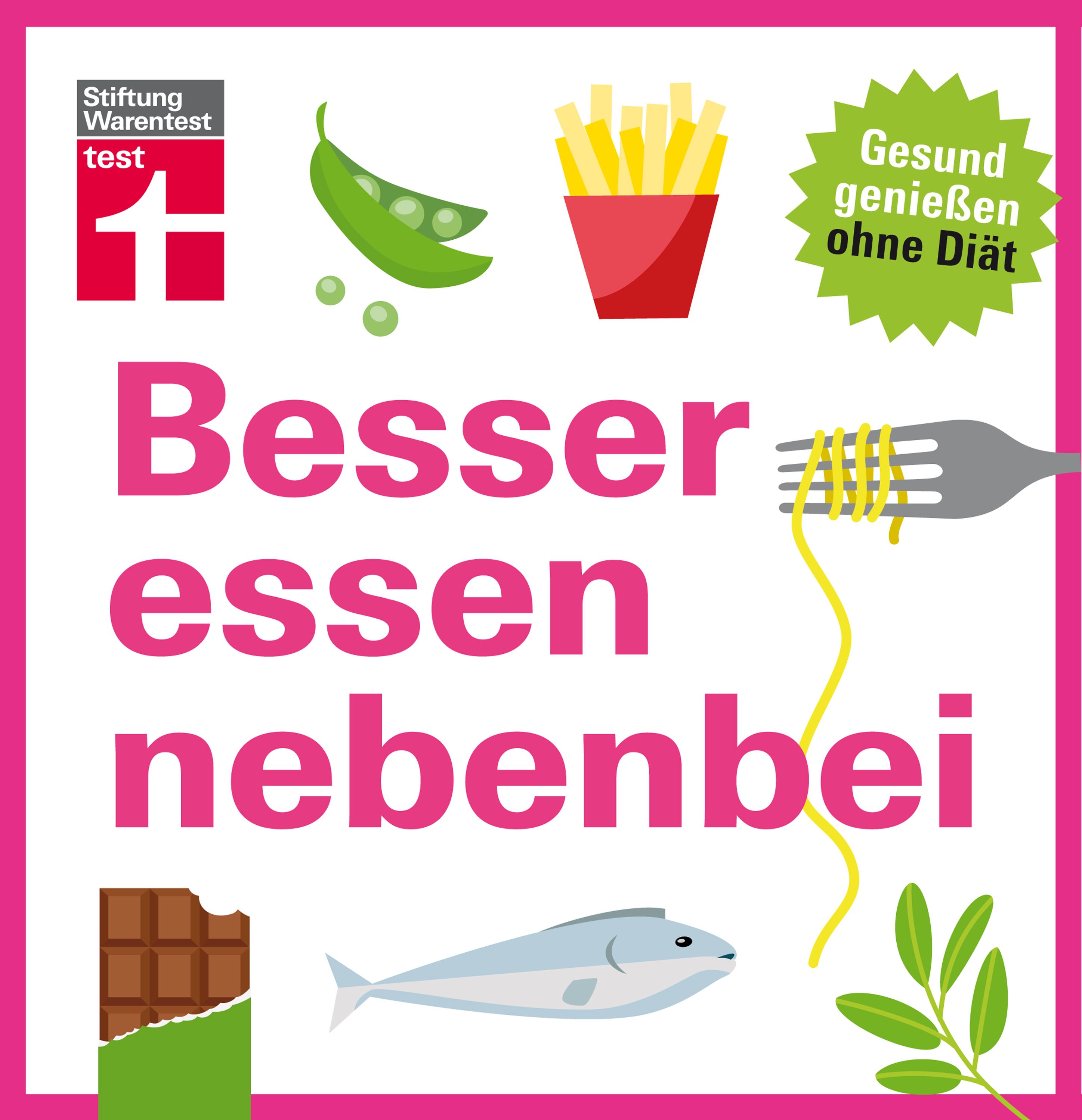 Grafik mit Schriftzug "Besser essen nebenbei" und Illustrationen von Lebensmitteln wie Erbsen, Pommes und Fisch.