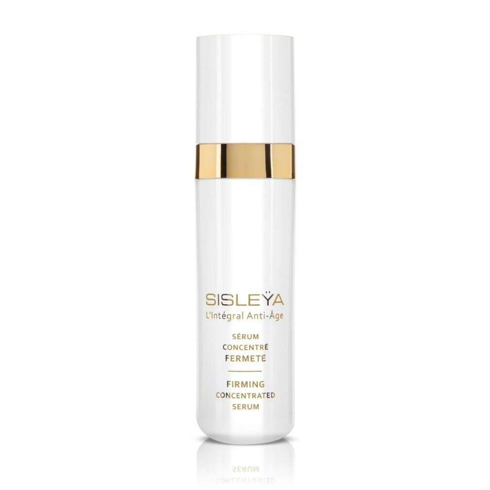 Weißer Flakon mit goldfarbenem Ring. Aufschrift: SISLEYA, L'Intégral Anti-Âge, Serum Concentré Fermeté, Firming Concentrated Serum.