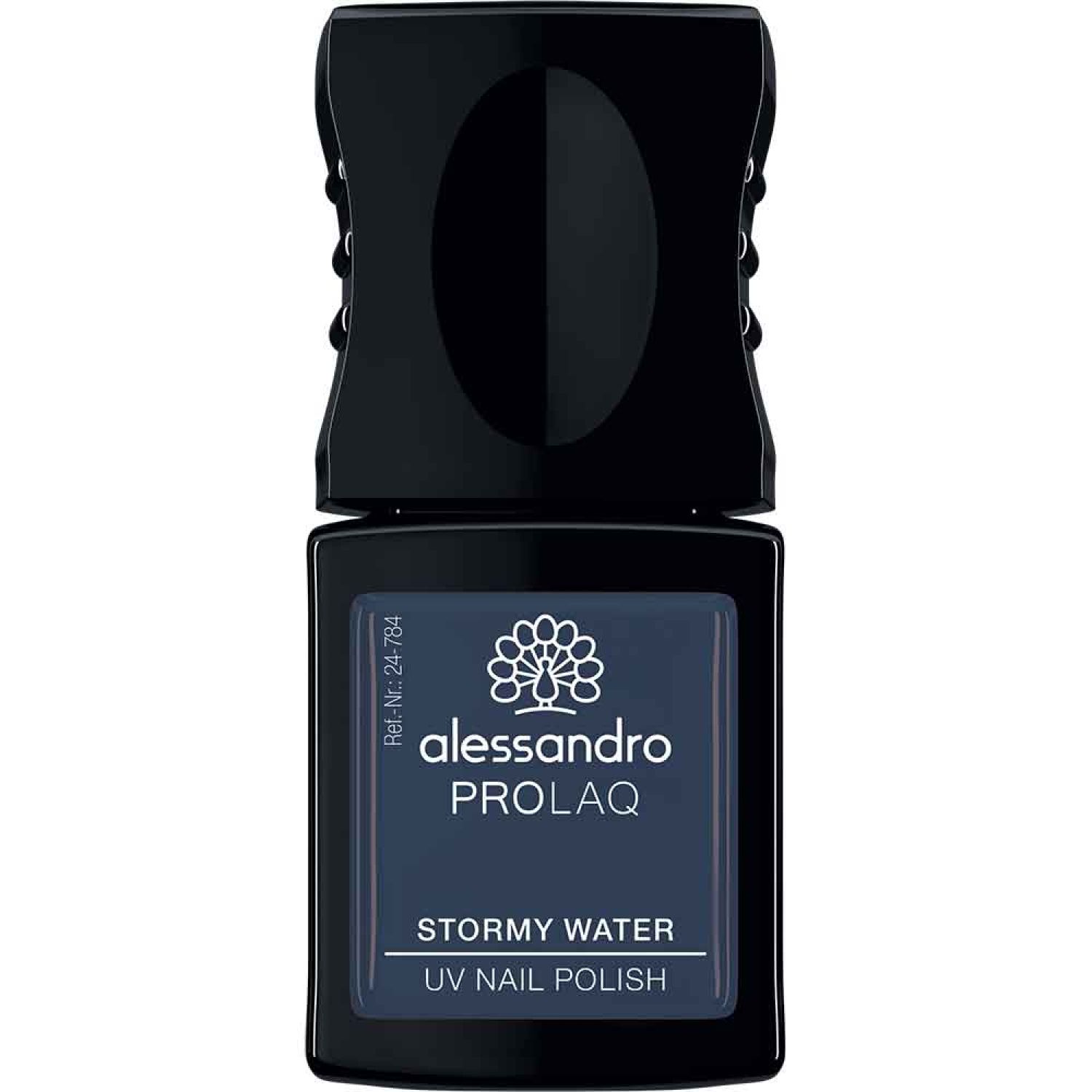 Alessandro PROLAQ UV Nagellack, Farbe 'Stormy Water'. Flasche mit schwarzem Verschluss.