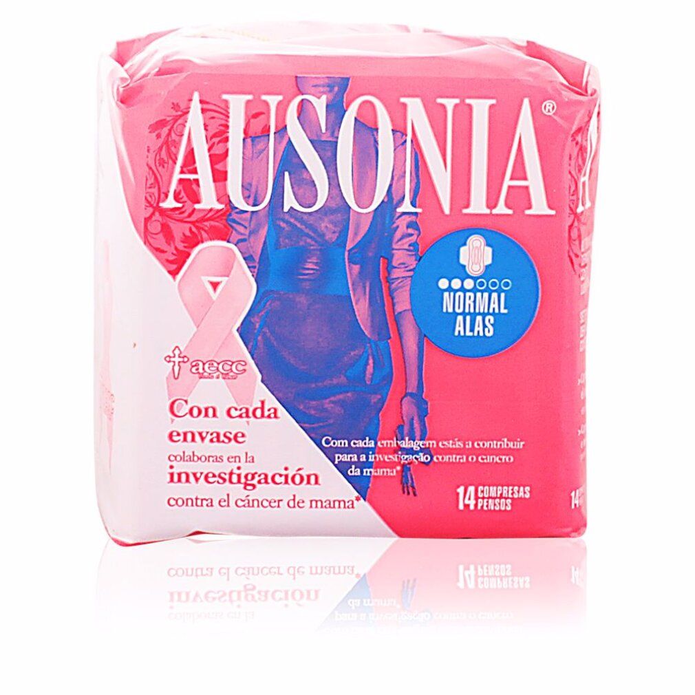 Ausonia Damenbinden, Normal, mit Flügeln, 14 Stück. Rosa Verpackung mit Logo und Illustration.
