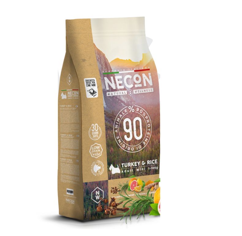 Verpackung von Necon-Petfood NW Pute und Reis Adult Mini. Aufschrift: 90% Proteine tierischen Ursprungs, Truthahn & Reis, Adult Mini.