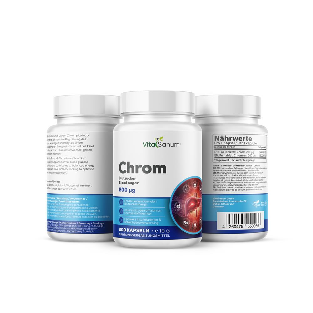 Drei Behälter VitaSanum Chrom Kapseln (200 µg), Vorderansicht und Seitenansichten.