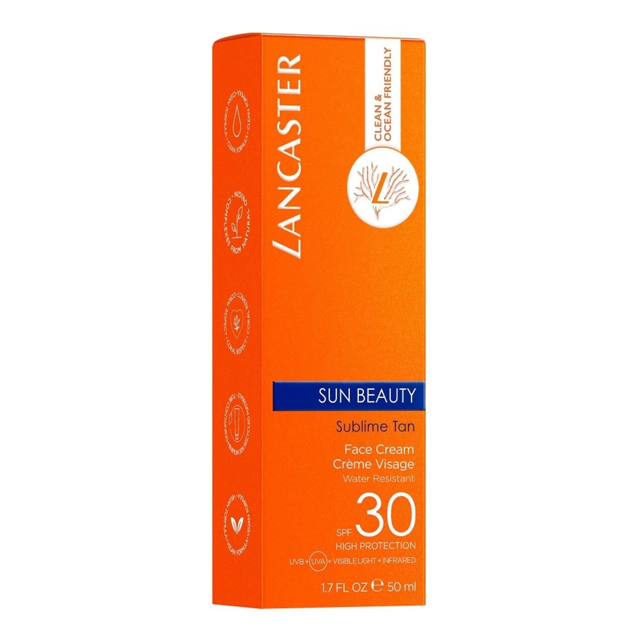 Orangefarbene Schachtel mit Lancaster-Logo, Sun Beauty, SPF 30. Text: Face Cream, Wasserfest. 1.7 FL OZ e 50 ml.