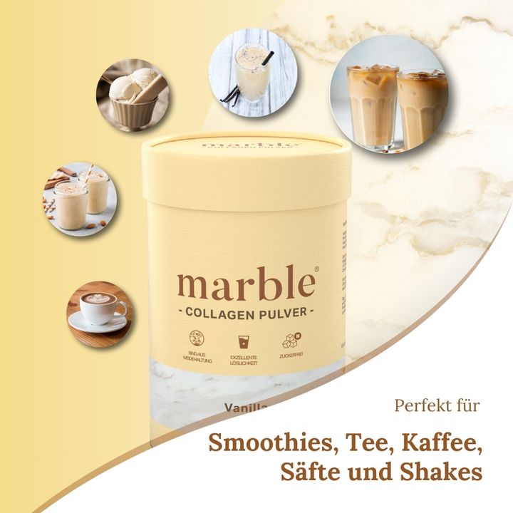 Beige Dose "marble" Collagen Pulver Vanilla. Abgebildet: Smoothies, Tee, Kaffee, Säfte und Shakes. Symbole.