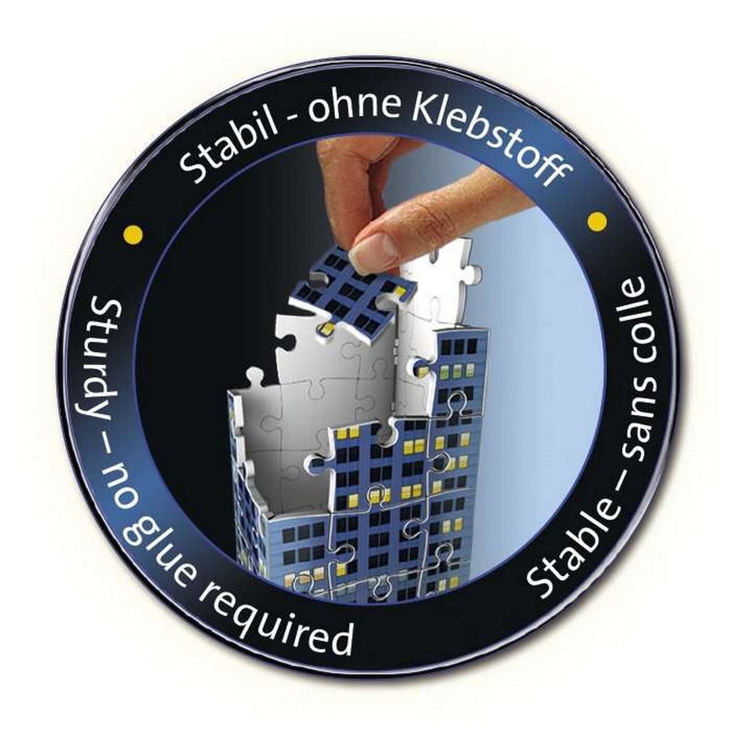 Kreisförmige Abbildung. Hand setzt Puzzleteil in das Chrysler Building. Text: Stabil - ohne Klebstoff, Sturdy - no glue required.