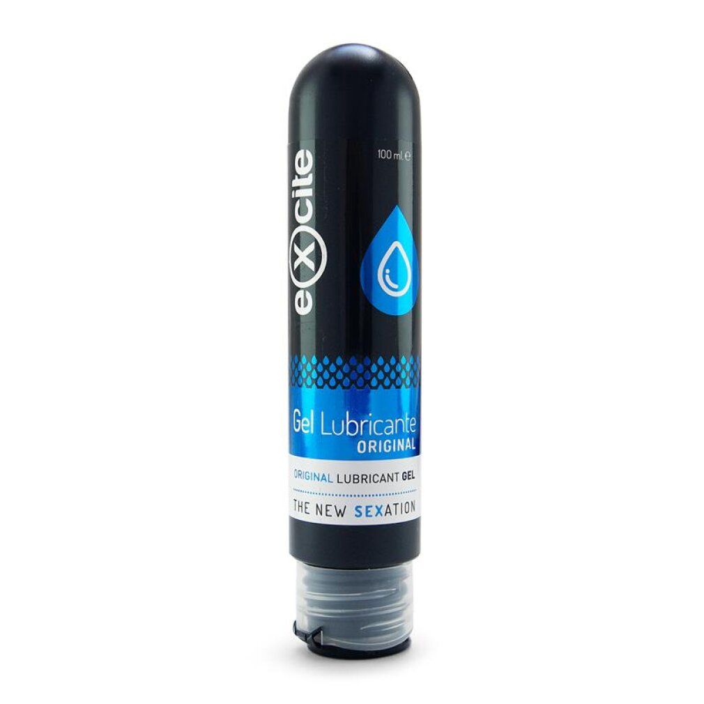 Schwarze Tube mit blauem Etikett, das einen Wassertropfen und die Aufschrift 'Gel Lubricante Original' zeigt.