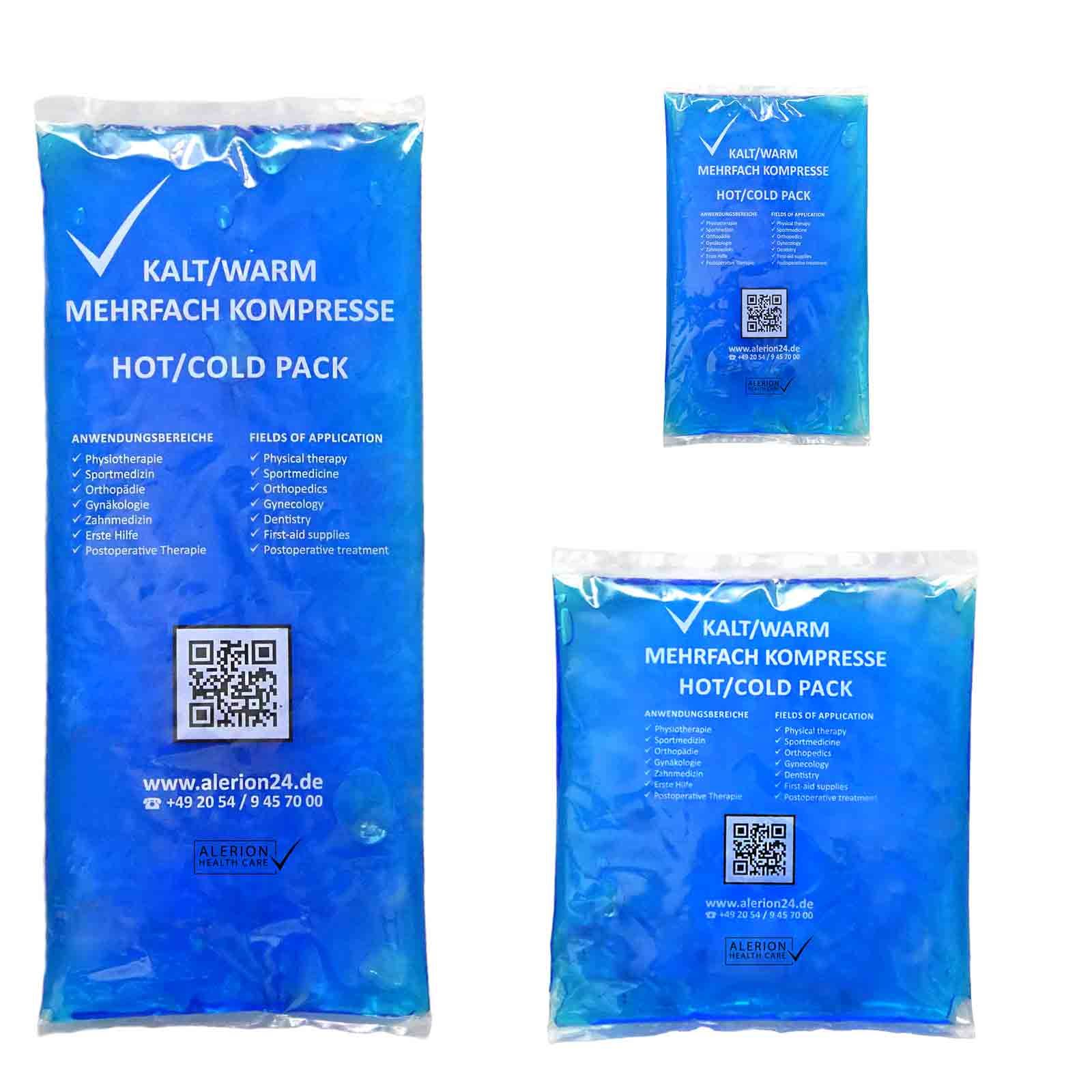 Drei blaue Kalt-Warm-Kompressen in verschiedenen Größen. Aufschrift: Kalt/Warm Mehrfach Kompresse, Hot/Cold Pack. Logos und QR-Codes.