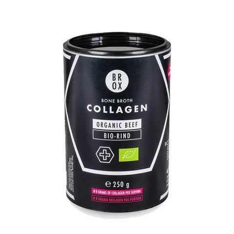 Schwarze Dose mit weißer Schrift. "BROX" und "COLLAGEN" deutlich sichtbar. Bio-Rind-Siegel und 250g-Angabe.