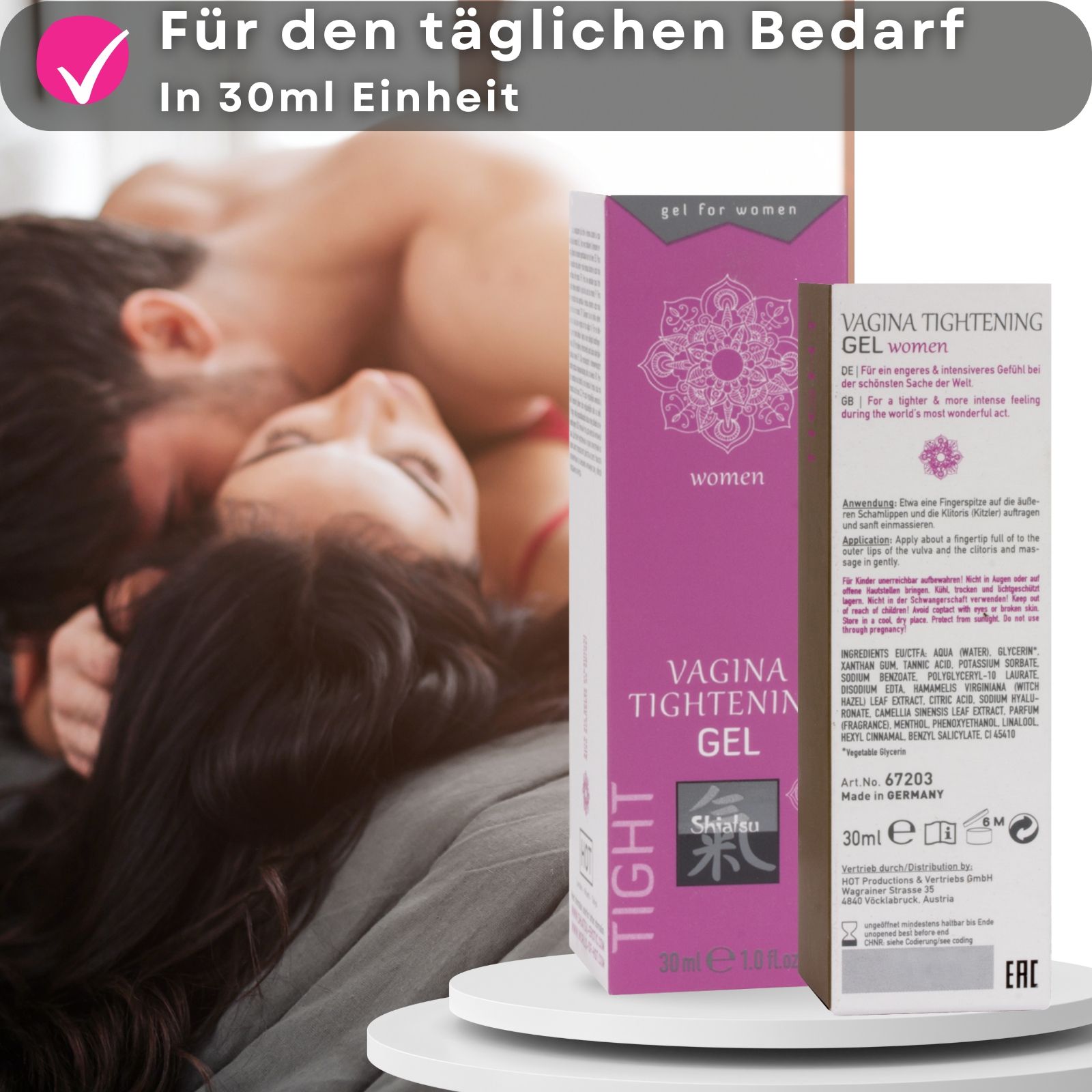 Produkt und Verpackung. Vagina Tightening Gel. Rosa Tube. Text und Logo. Hintergrund: Paar.