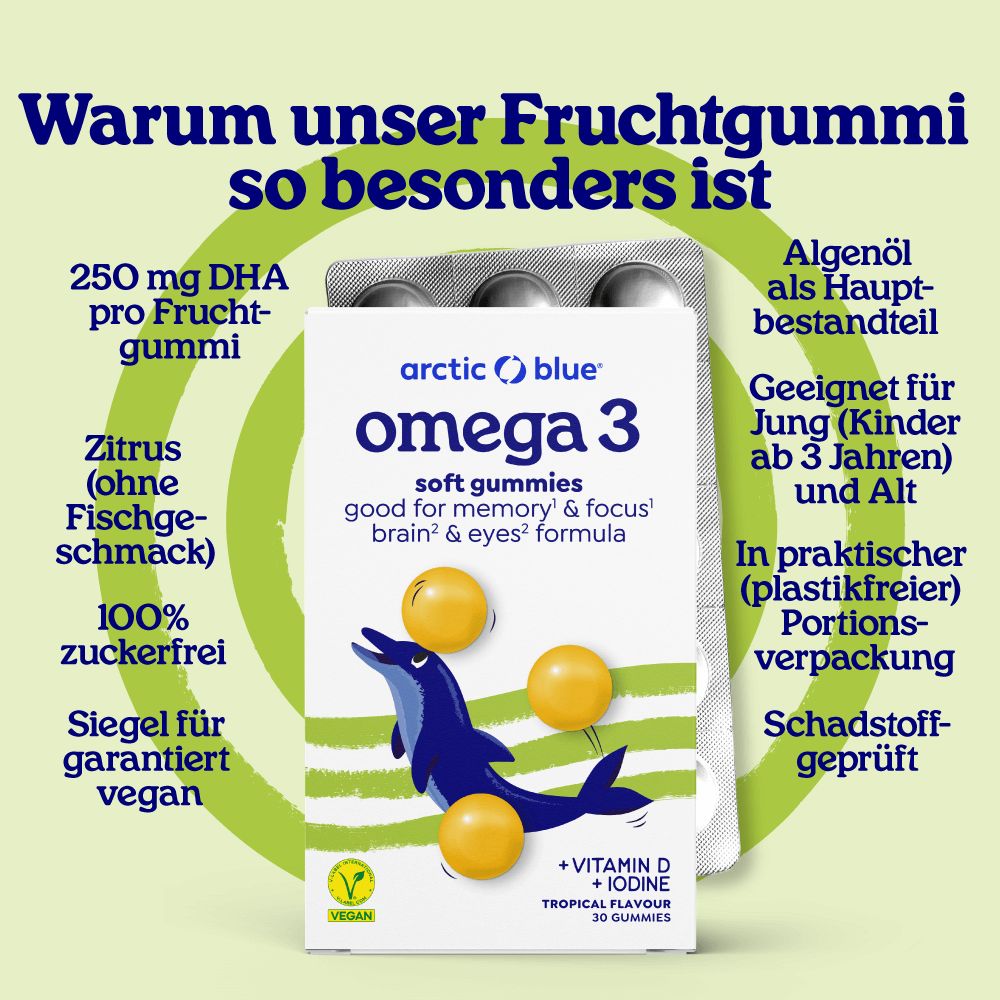 Verpackung mit Gummibärchen und Text. Enthält: 250 mg DHA pro Fruchtgummi, zuckerfrei, vegan, ohne Fischgeschmack.
