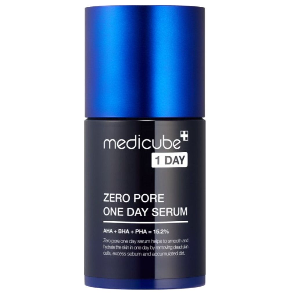 Dunkelblaue Medicube Zero Pore One Day Serum Flasche mit blauem Deckel.