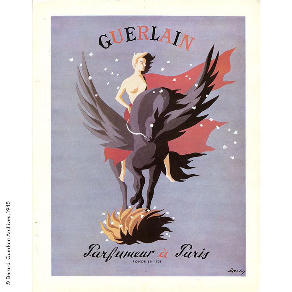 Werbeplakat. Frau auf geflügeltem Pferd. Text: GUERLAIN, Parfumeur à Paris. Hintergrund blau.