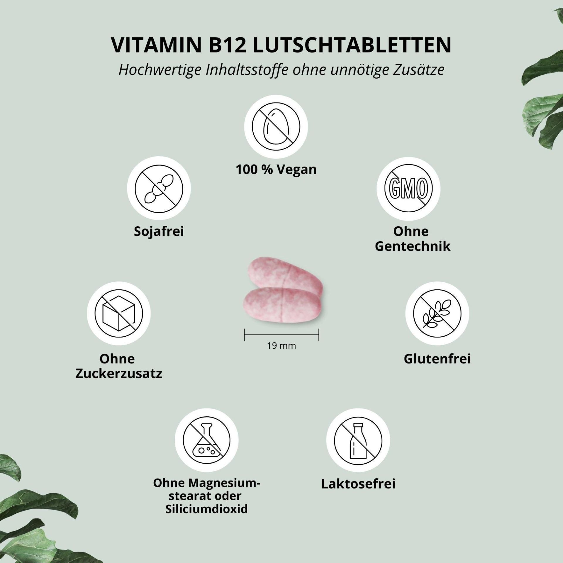 Kreisförmige Grafik mit Symbolen: vegan, ohne Zucker, ohne Gentechnik, glutenfrei, sojafrei, laktosefrei. Zwei rosa Tabletten, 19 mm.