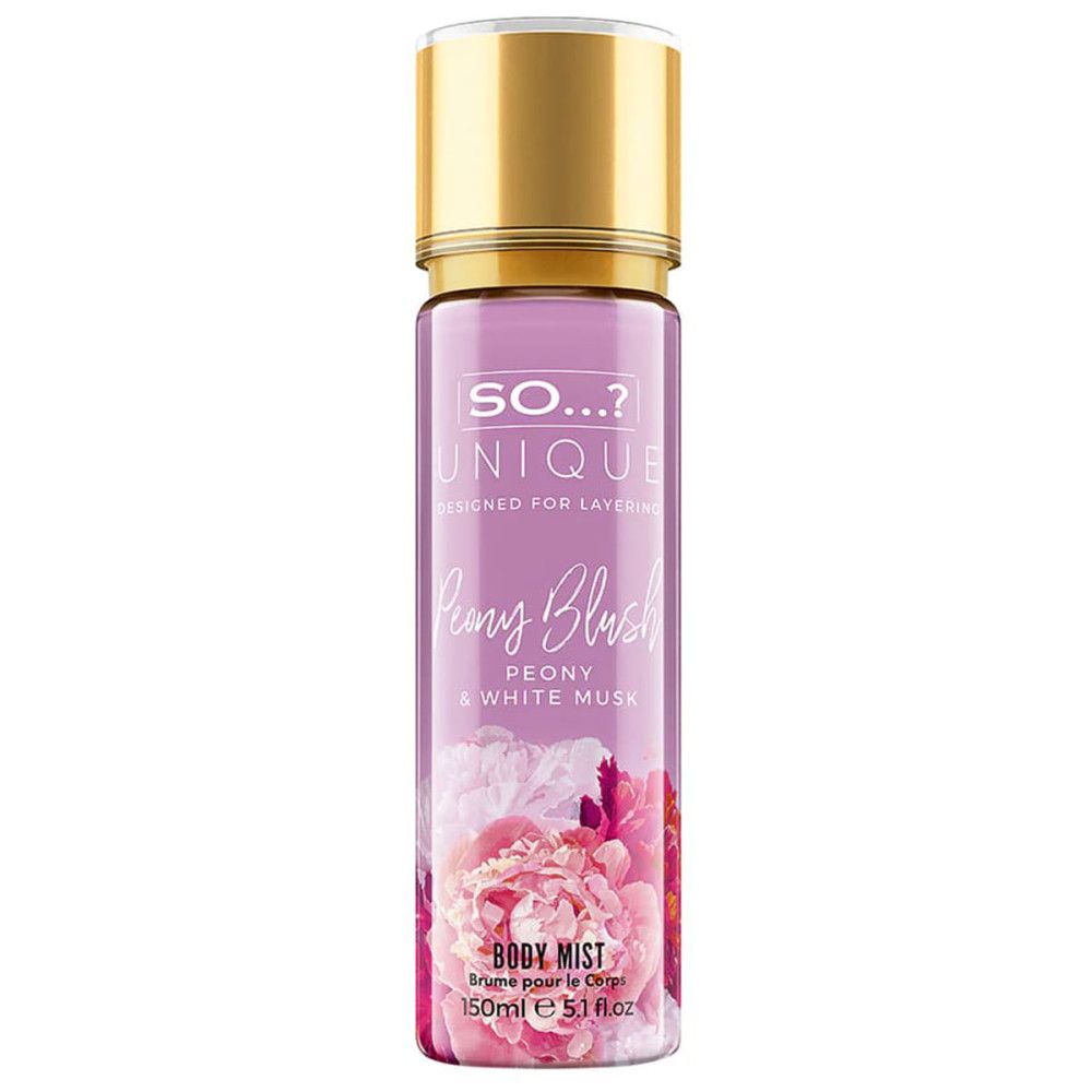 Körperspray mit goldfarbenem Deckel. Etikett mit Produktnamen und Text: Peony Blush, Body Mist, 150ml, 5.1 fl.oz.