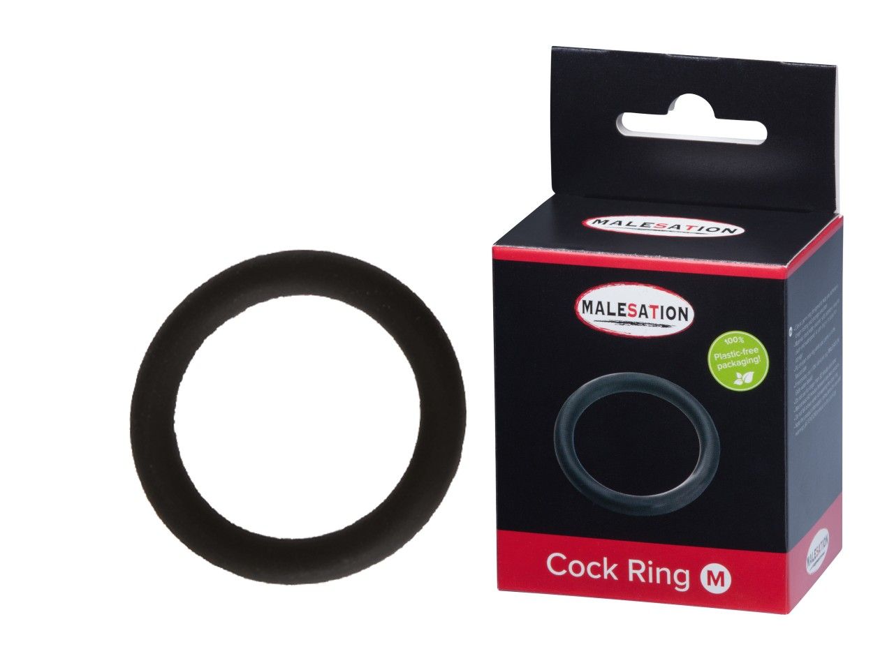 Schwarzer Penisring und Verpackung. MALESATION. Aufschrift: Cock Ring M. Ring neben der Verpackung.