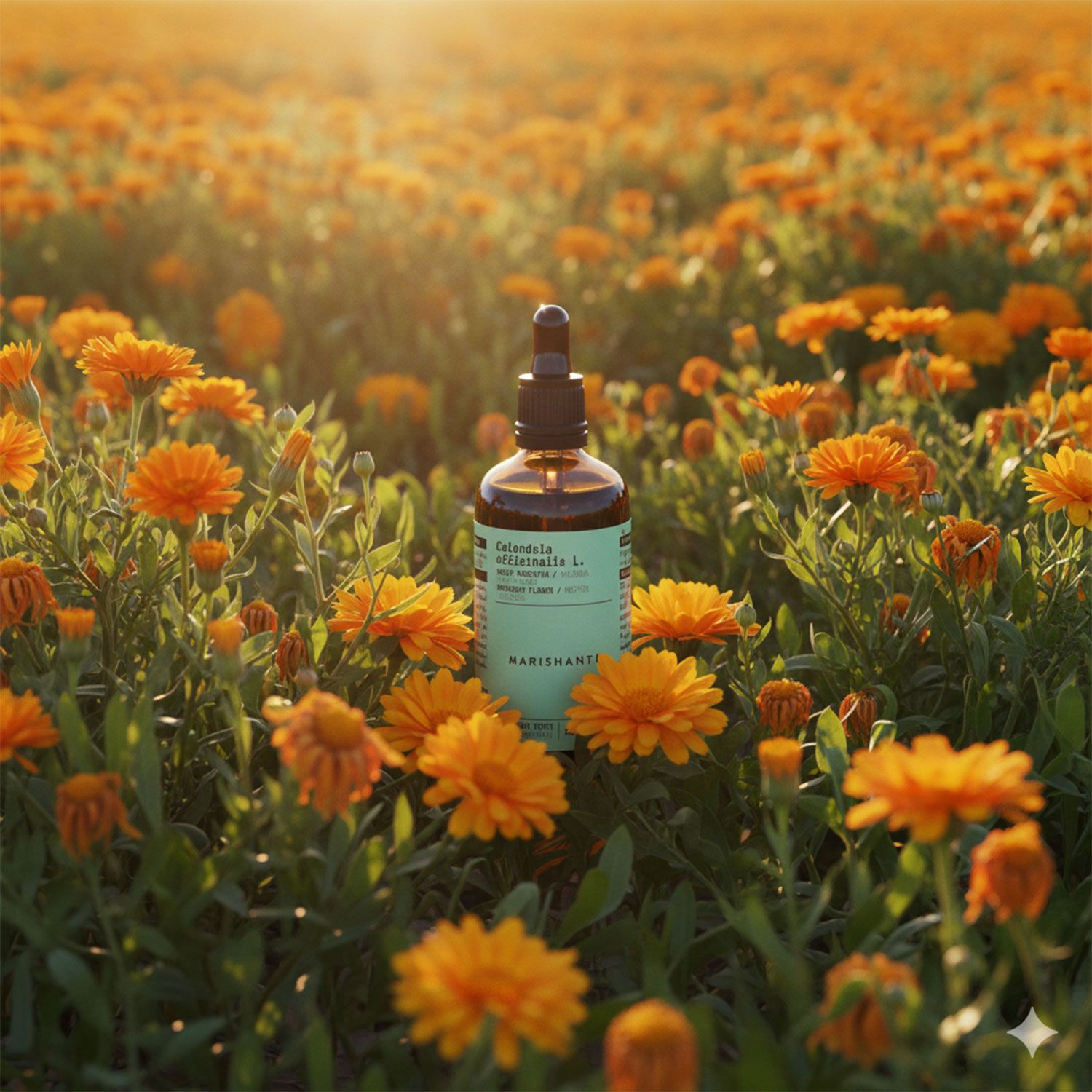 Braune Glasflasche mit Tropfer in Ringelblumenfeld. Text: Calendula officinalis L., Marishanti.