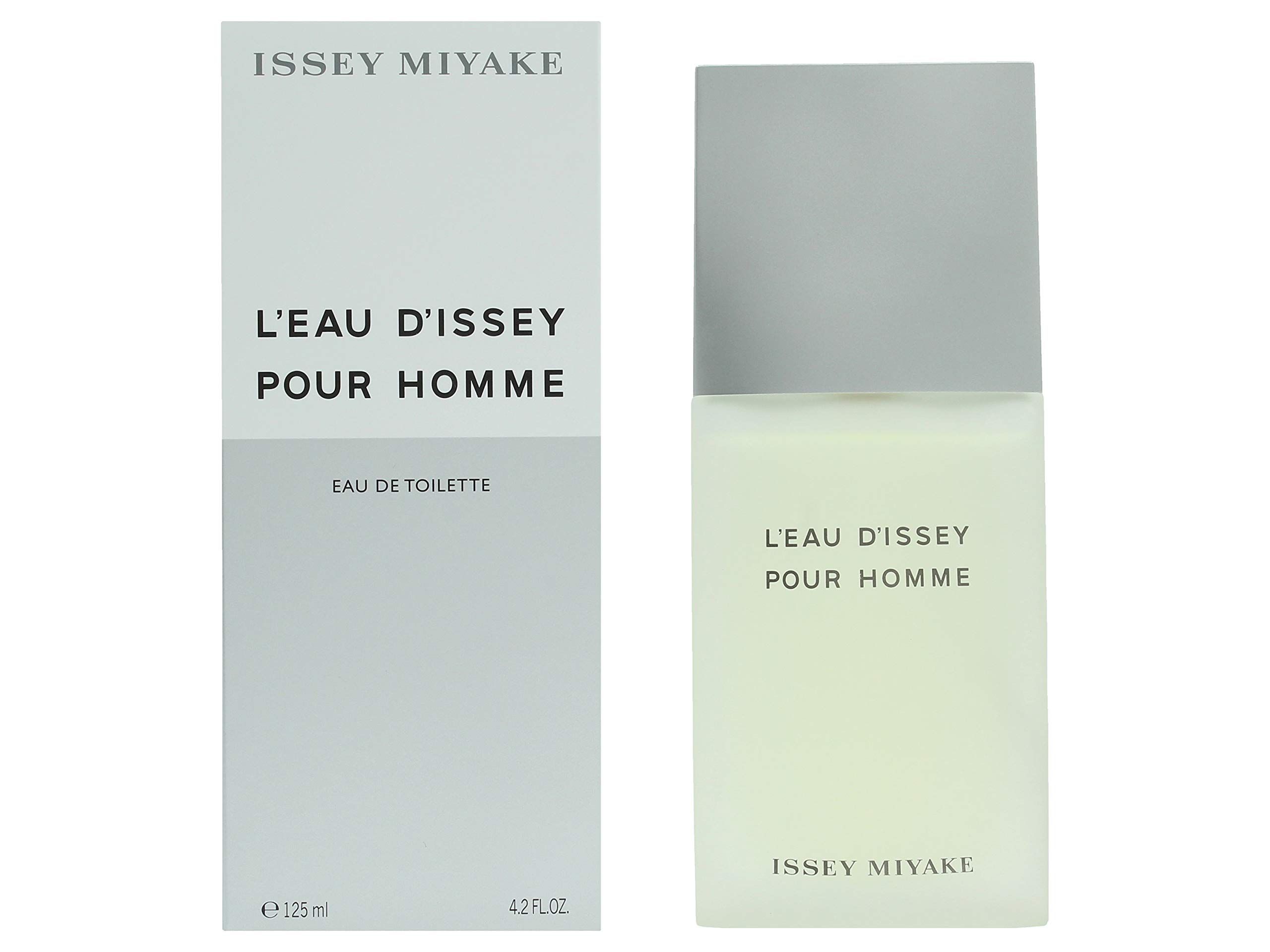 Flakon und Verpackung. Flakon rechteckig, silberner Deckel, Aufschrift: L'EAU D'ISSEY POUR HOMME und ISSEY MIYAKE. Verpackung weiß, grau.