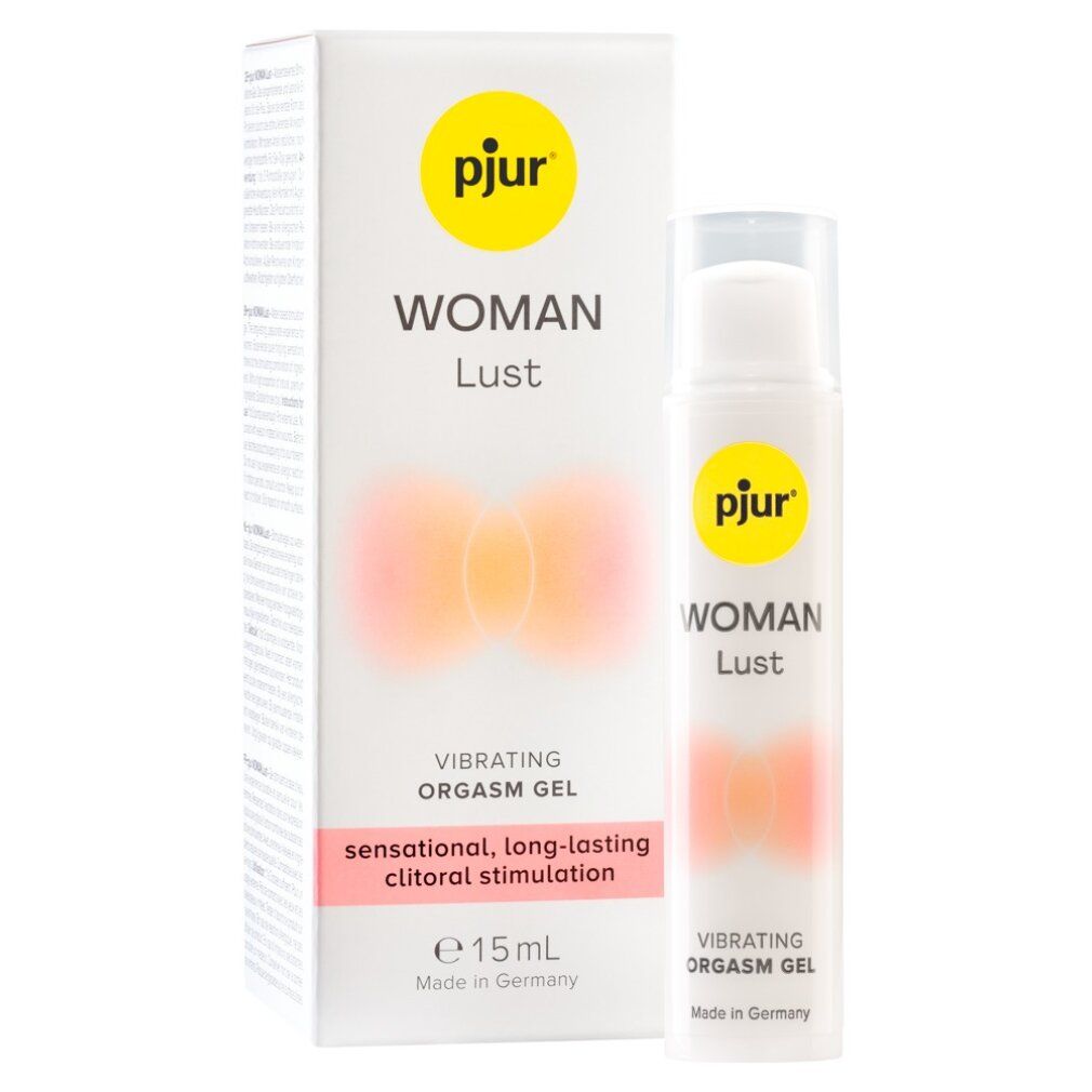 Produkt und Verpackung. Weiße Flasche und Karton. Gelb-weiße Verpackung mit Produktnamen und Text. Text: Vibrating Orgasm Gel.