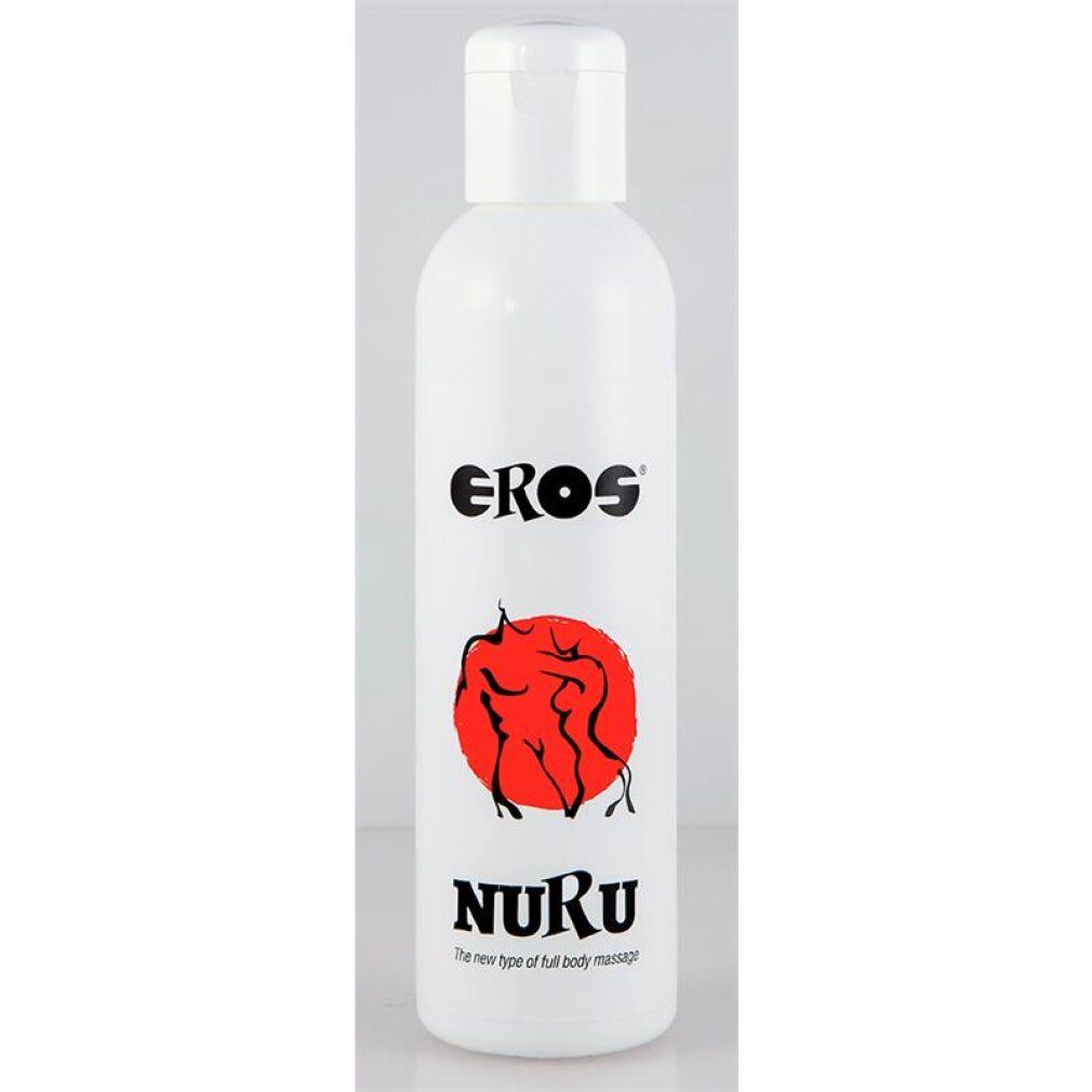 Weiße Flasche mit EROS NURu Logo und rotem Kreis mit Figuren.