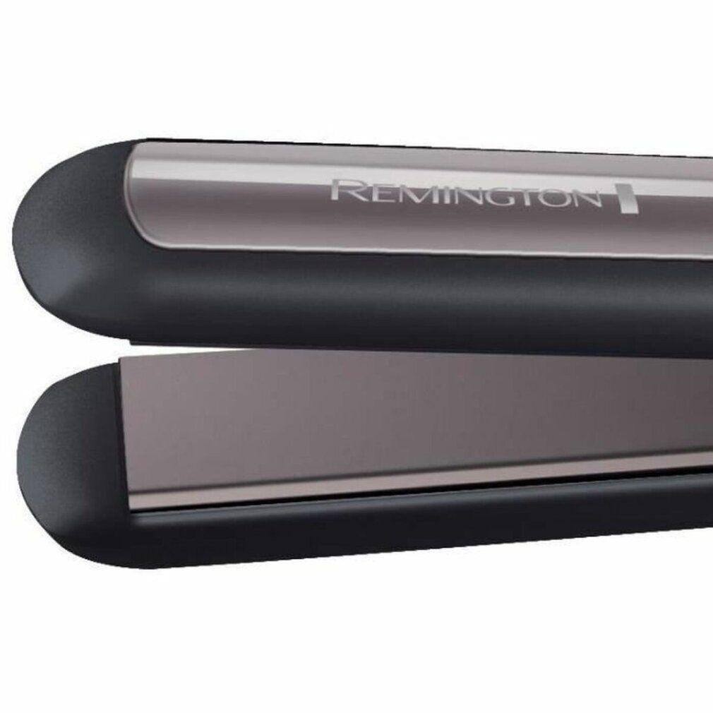 Nahaufnahme des Haarglätters. Marke Remington. Graue Heizplatten, schwarzer Griff.