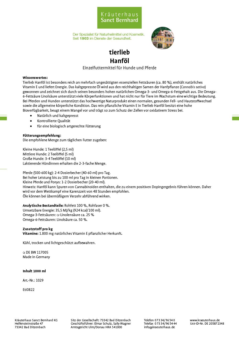 Sanct Bernhard tierlieb Hanföl