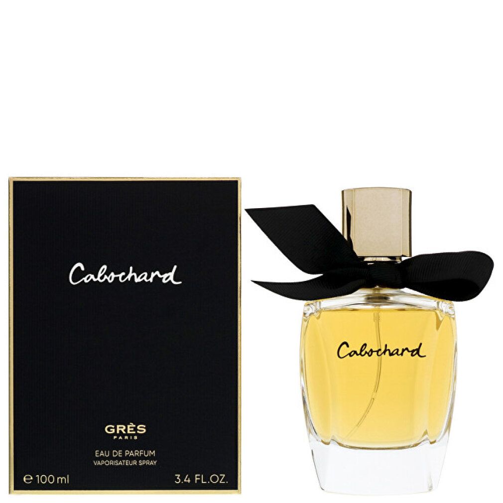 Gres Cabochard Eau de Parfum Zerstäuber mit schwarzer Verpackung und Schleife am Flakon.