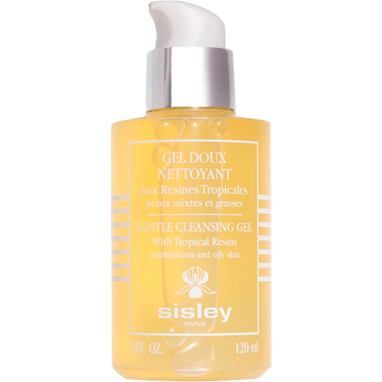 Gel Doux Nettoyant von Sisley mit Pumpe. Gelbe Flüssigkeit in einer Flasche mit weißem Aufdruck. 120 ml.