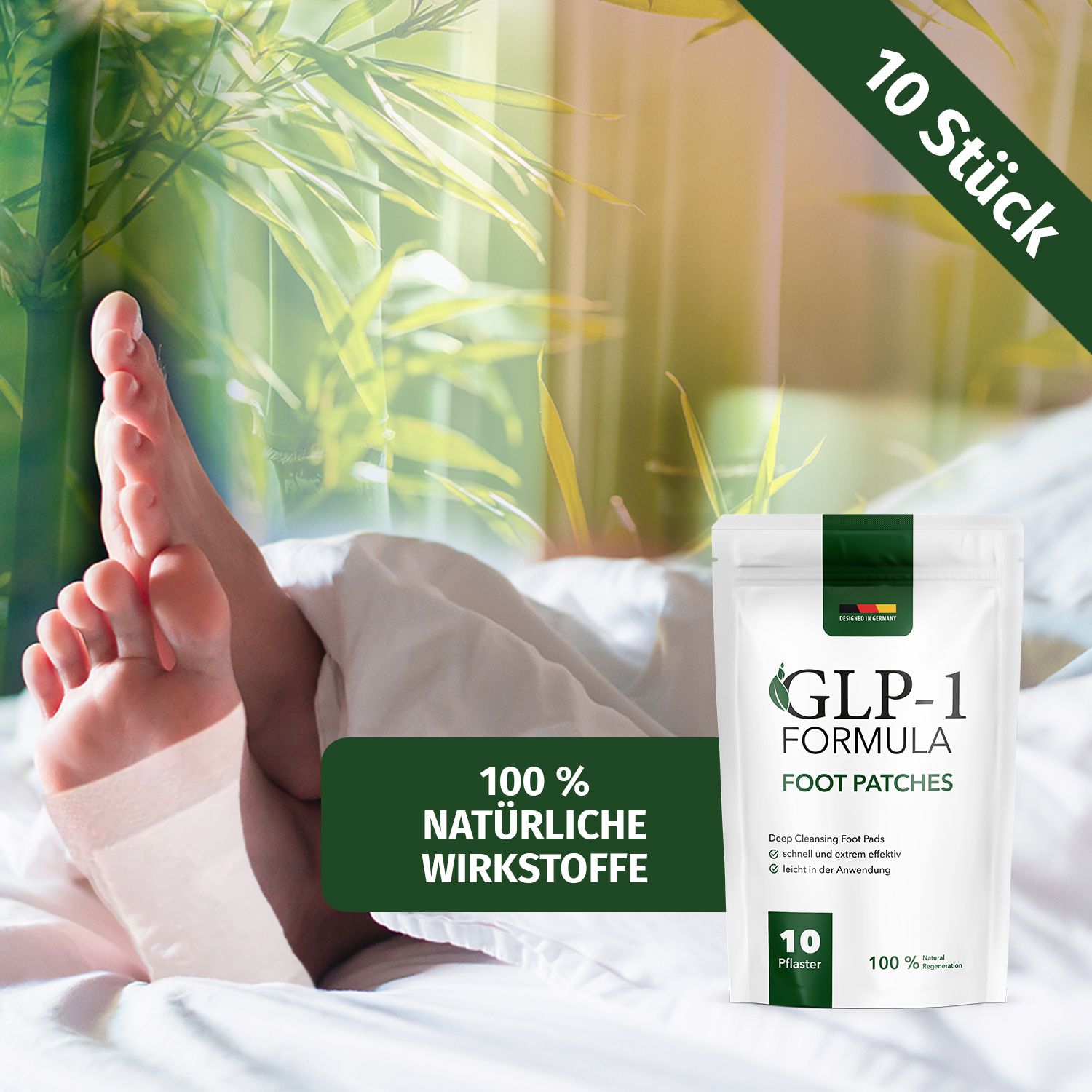 Weiße Verpackung mit grünem Streifen. Aufschrift: GLP-1 FORMULA FOOT PATCHES. 10 Pflaster. 100% natürliche Wirkstoffe. Füße mit Patch.