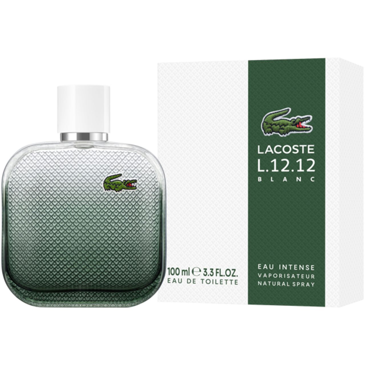 Lacoste L.12.12 Blanc Eau de Toilette Flakon und Verpackung. Flakon mit grünem Farbverlauf und Krokodil-Logo. Verpackung mit Logo und Text.