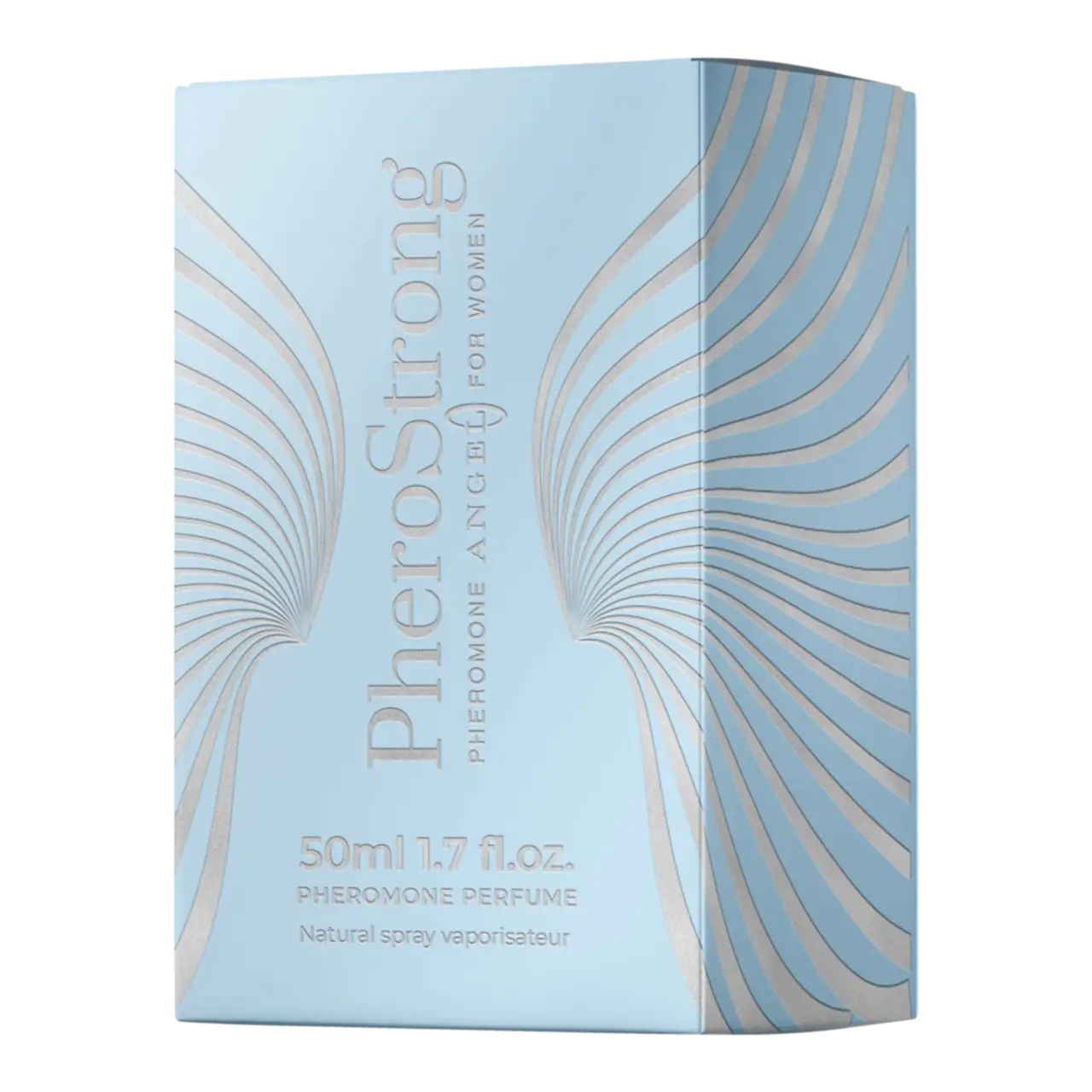 Hellblaue Verpackung mit Aufschrift: PheroStrong, Pheromone Angel for Women, 50ml, Pheromone Perfume.