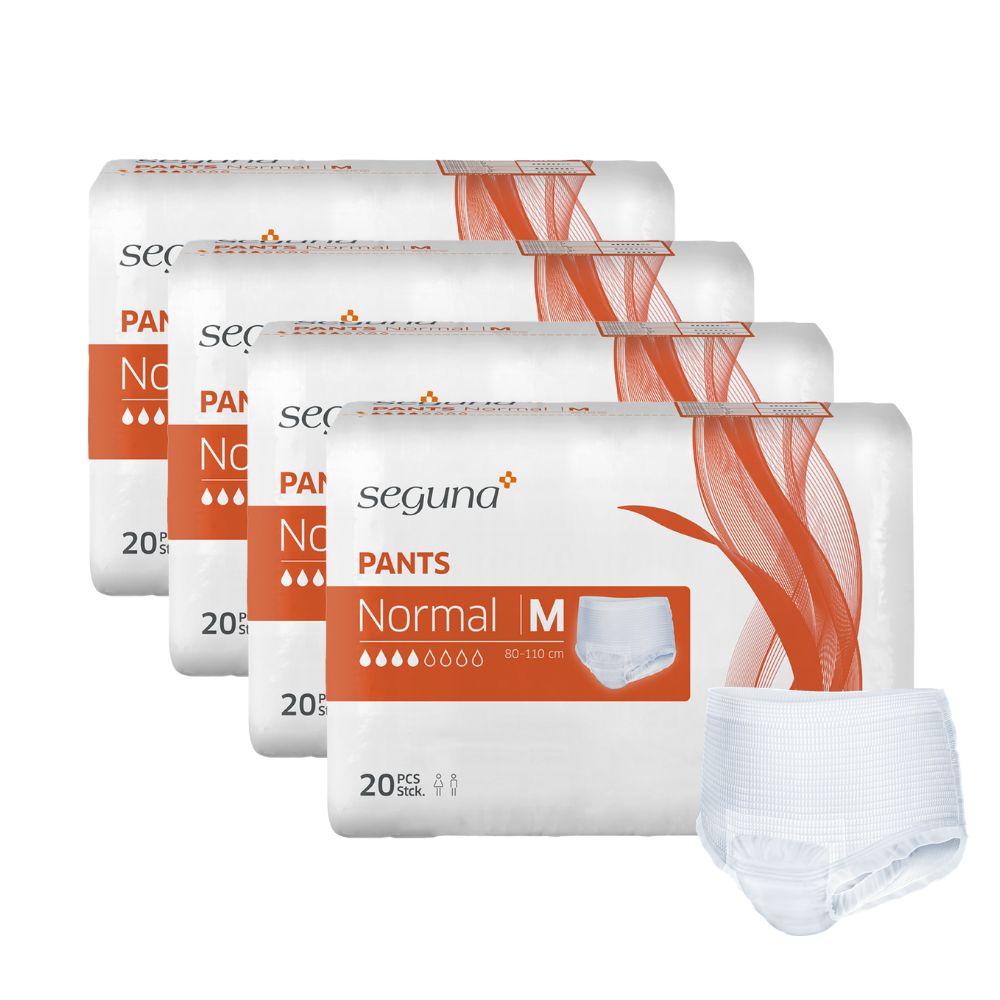 4 Packungen SEGUNA Pants Normal M und eine einzelne Pants. Verpackung mit Produktinformationen.