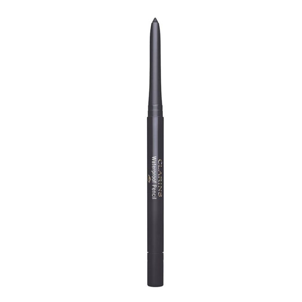 Grauer, schlanker Eyeliner-Stift. Schwarze Spitze. Text: Waterproof Pencil.