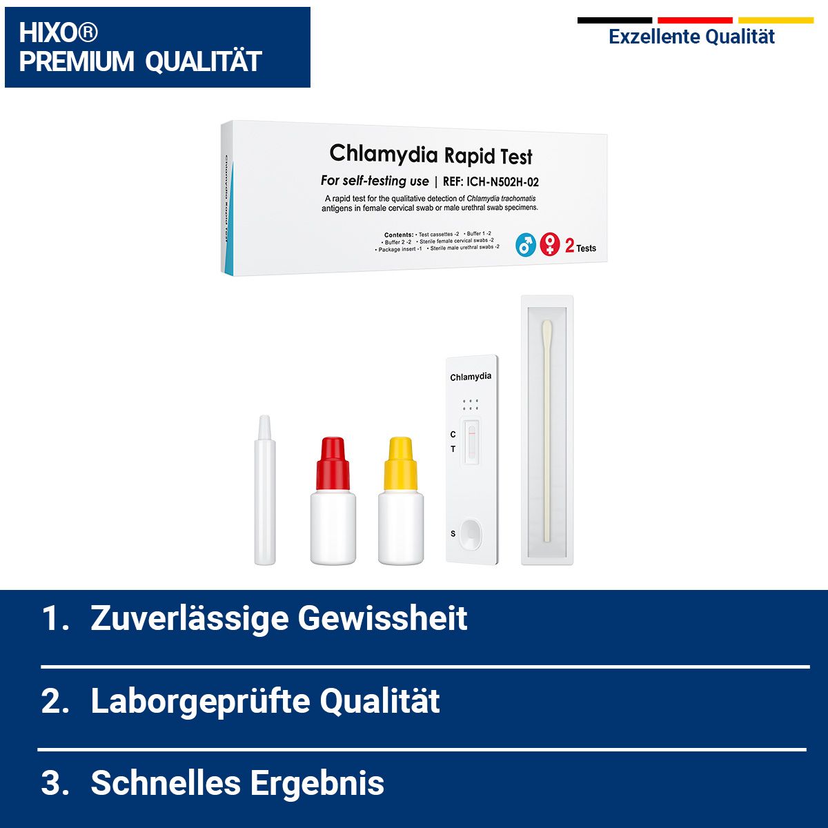 Verpackung mit Chlamydien-Schnelltest, zwei Fläschchen, Testkassette und Abstrichtupfer. Premium Qualität. 2 Tests.