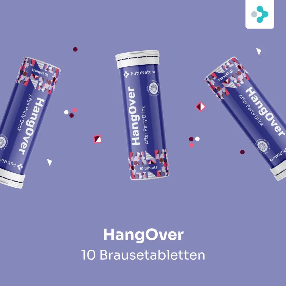 Drei FutuNatura HangOver Brausetabletten-Verpackungen auf lila Hintergrund mit Konfetti.