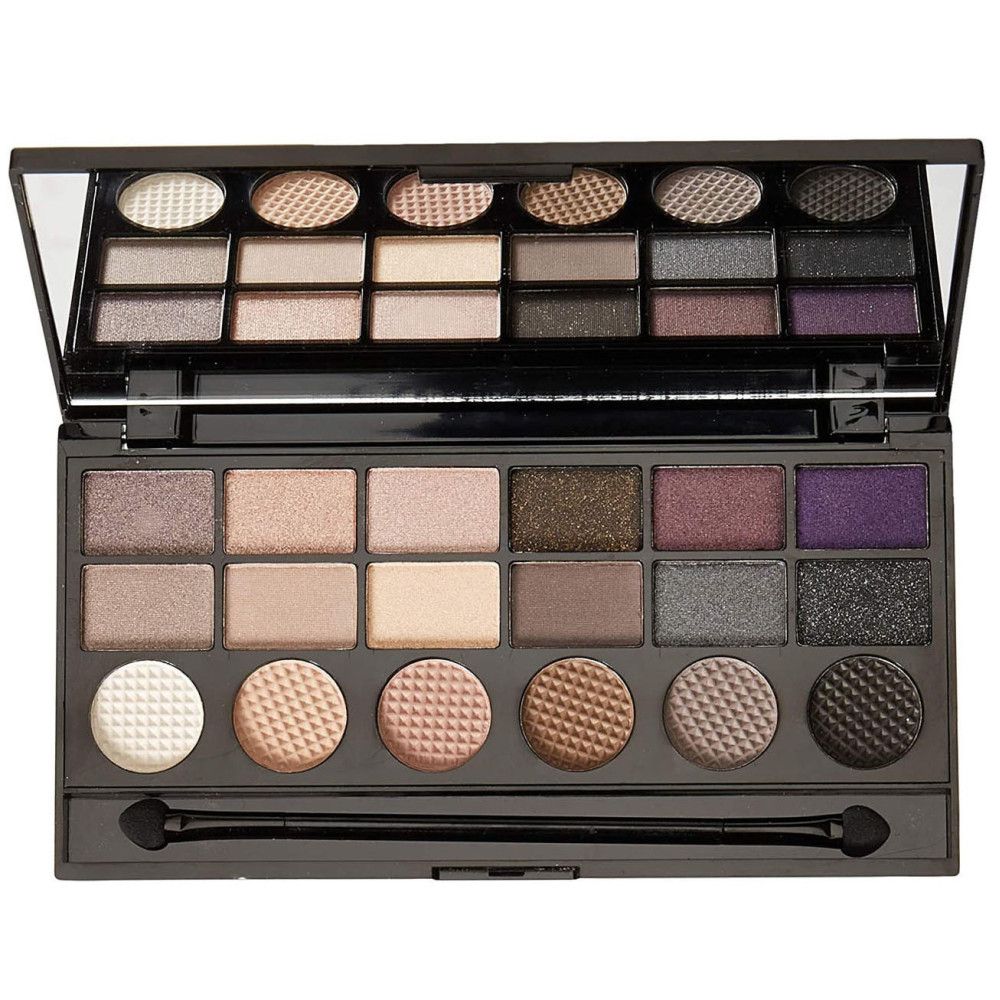 Geöffnete Lidschattenpalette mit 18 Farben. Schwarze Palette mit Spiegel und Applikator. Verschiedene Farbtöne.