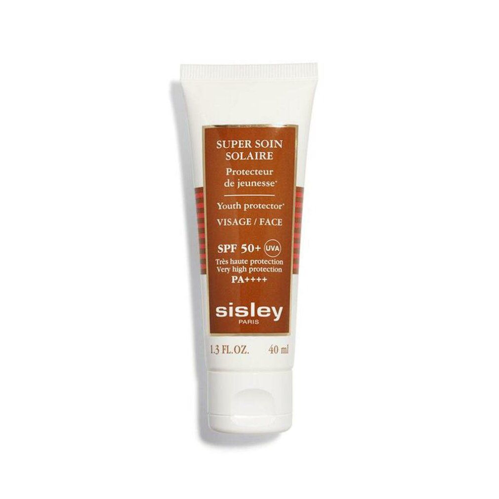 Weiße Tube mit braunem Etikett. Aufschrift: SUPER SOIN SOLAIRE, SPF 50+, sisley. 40 ml.