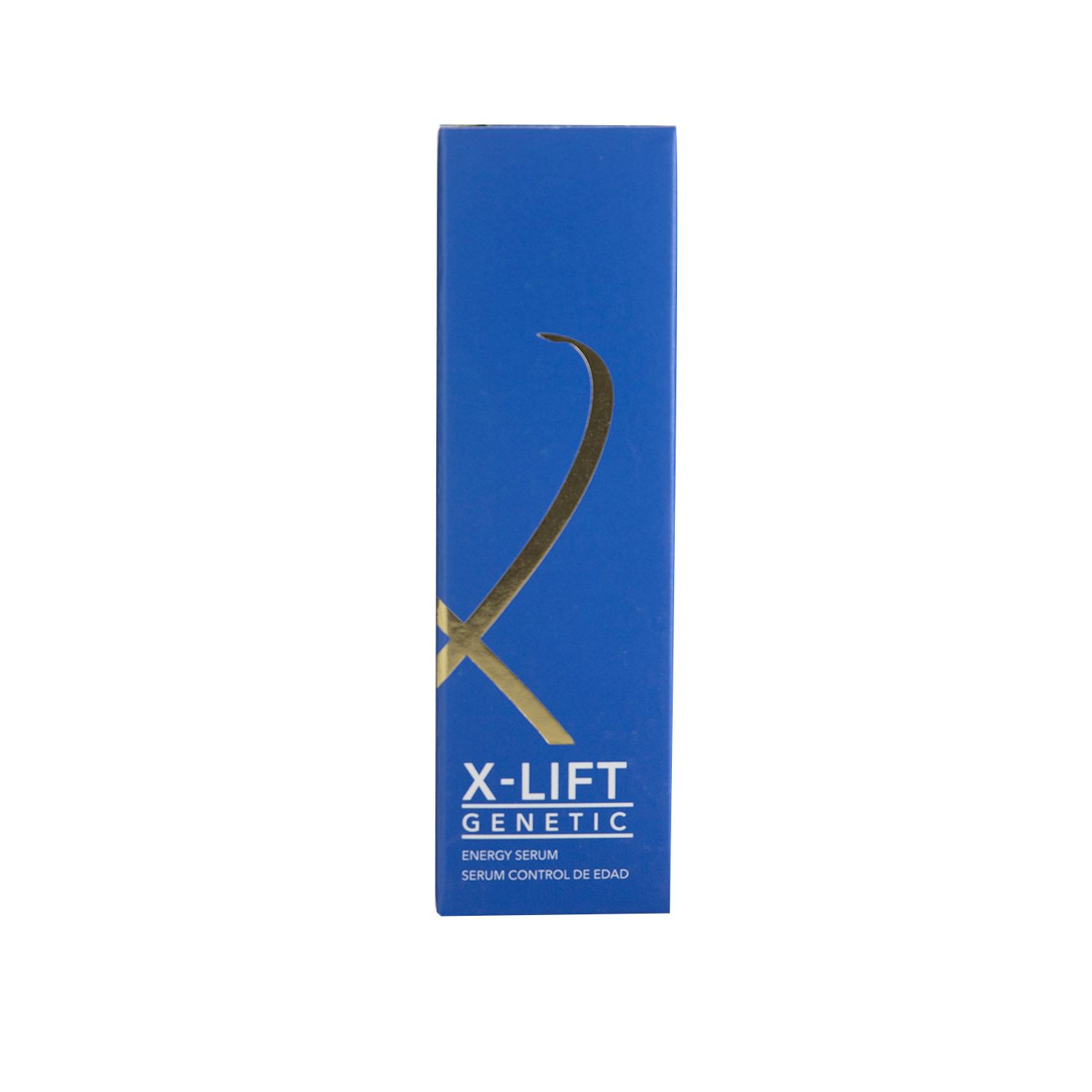Blaue Verpackung mit goldenem Logo. Aufschrift: X-Lift Genetic Energy Serum. Rechteckige Form.