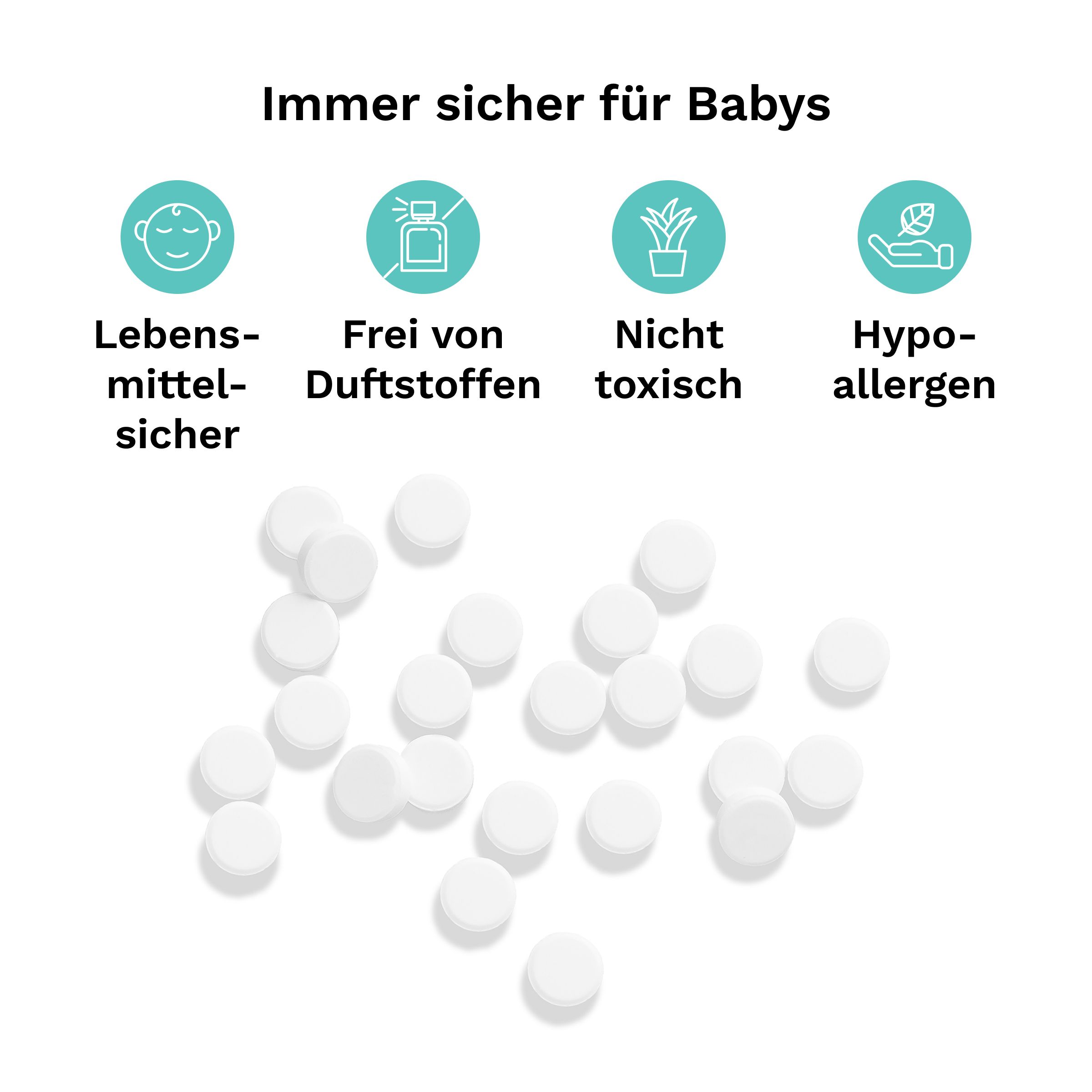 Weiße Tabletten, kreisförmig. Text: Lebensmittelsicher, frei von Duftstoffen, nicht toxisch, hypoallergen.