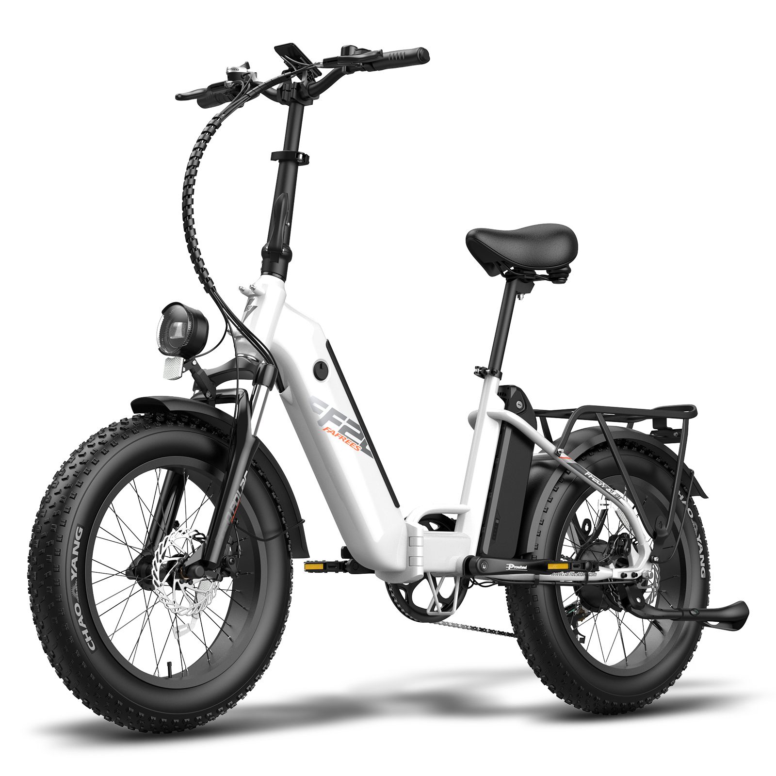 Faltbares E-Bike, weiß, mit schwarzen Reifen und Gepäckträger. F20-Logo sichtbar. Schwarzer Sattel und Lenker.