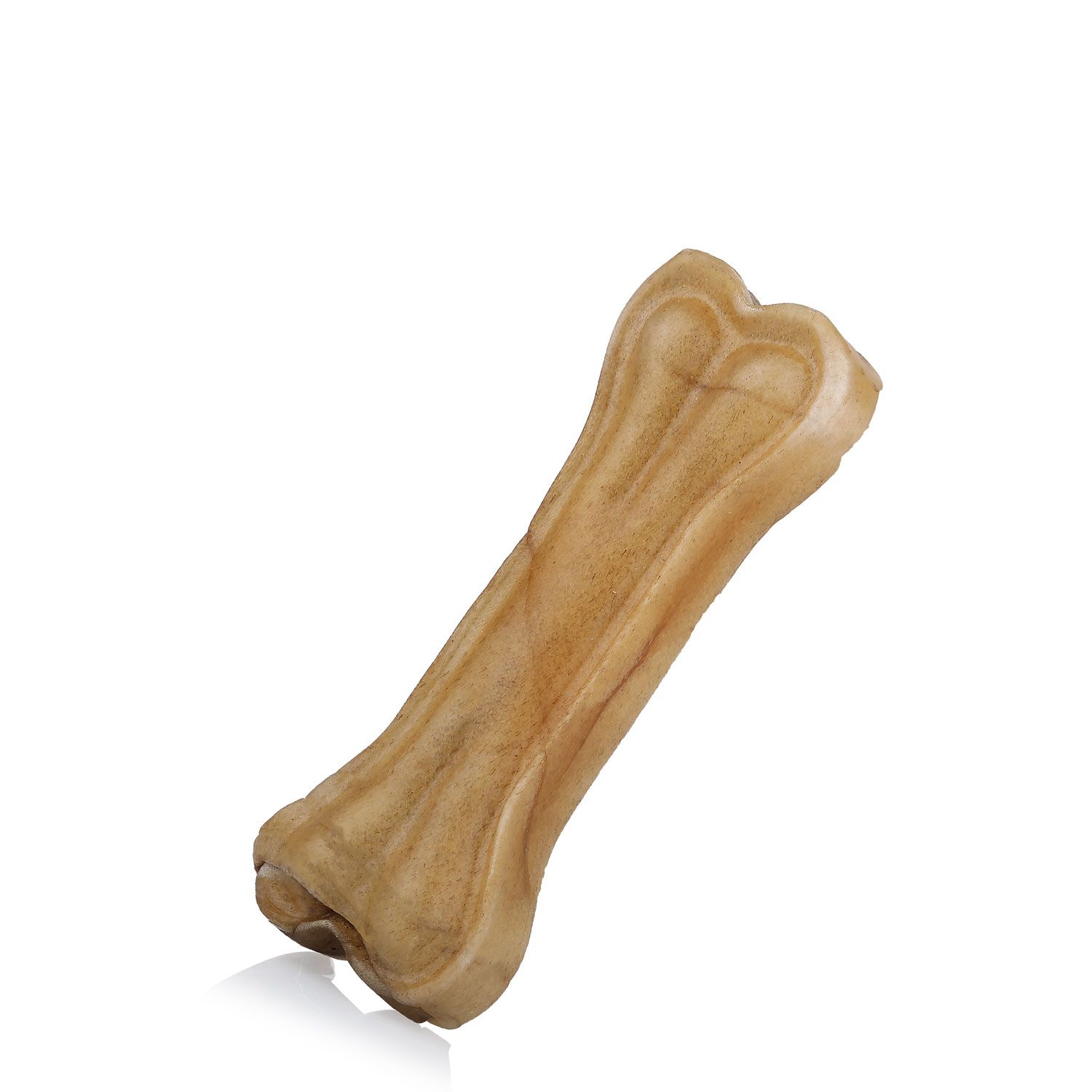 Büffelhautknochen. Beige, knochenförmig. Enden verdickt, längliche Form. Auf weißem Hintergrund.