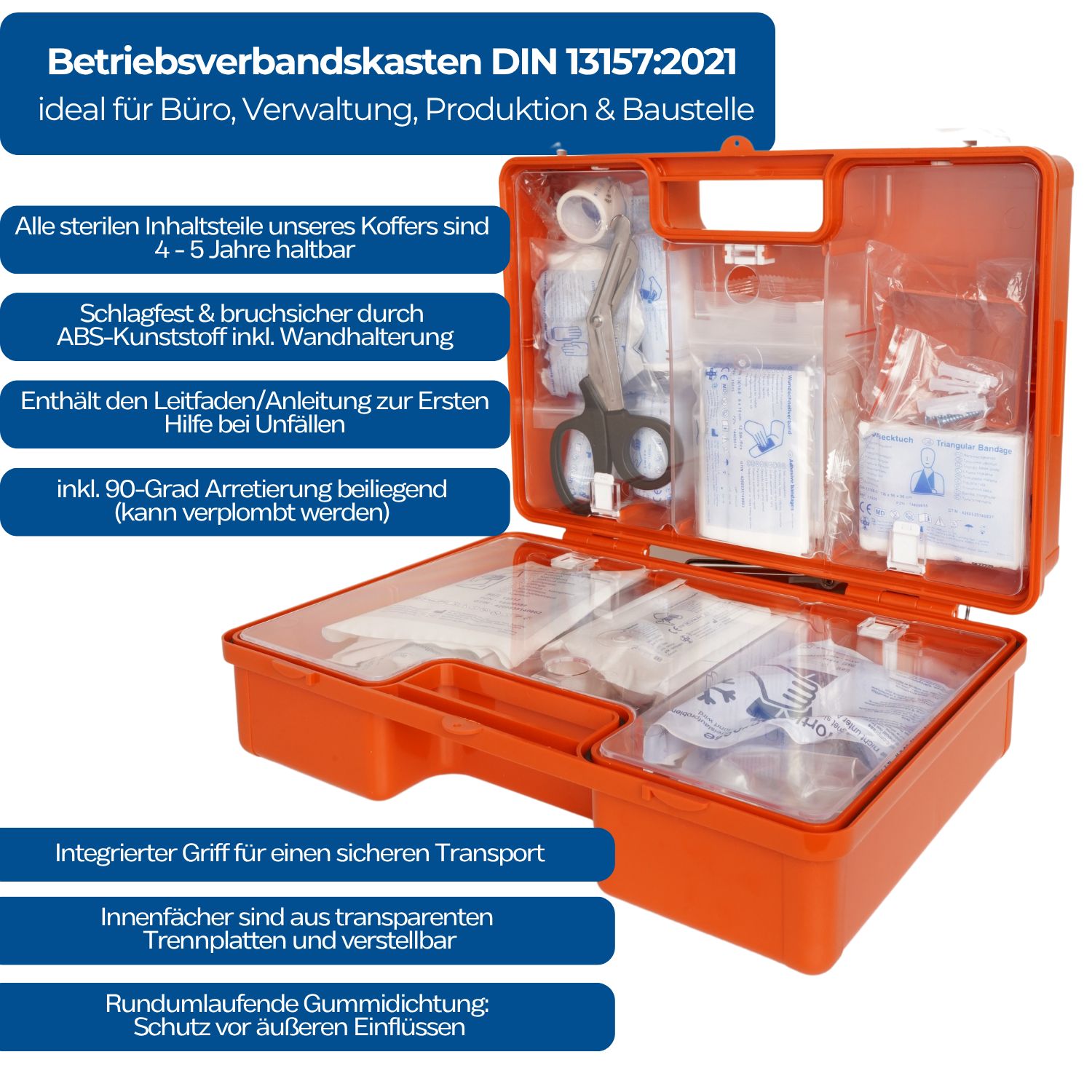 Geöffnete Erste Hilfe Koffer mit Inhalt. Text: DIN 13157:2021. Griff, transparente Trennwände, Gummidichtung.