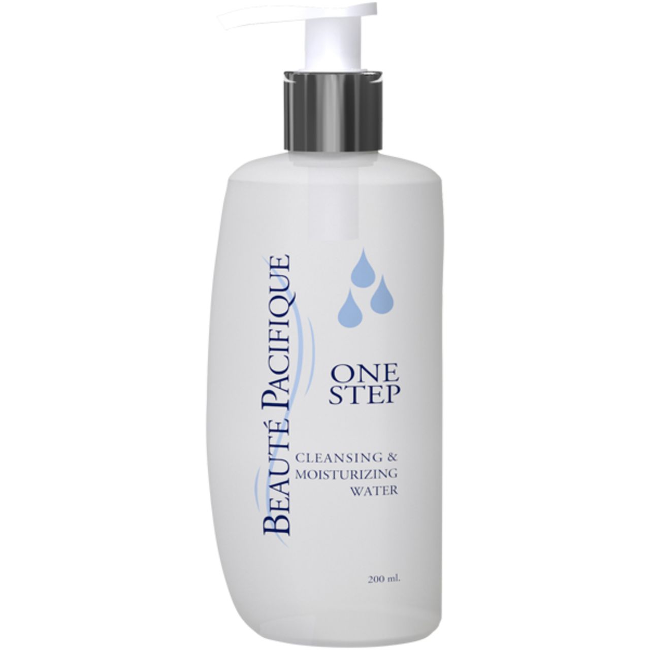 Weißliche Flasche mit Pumpe. Aufschrift: Beauté Pacifique, One Step Cleansing & Moisturizing Water. Blaue Tropfen-Grafik.