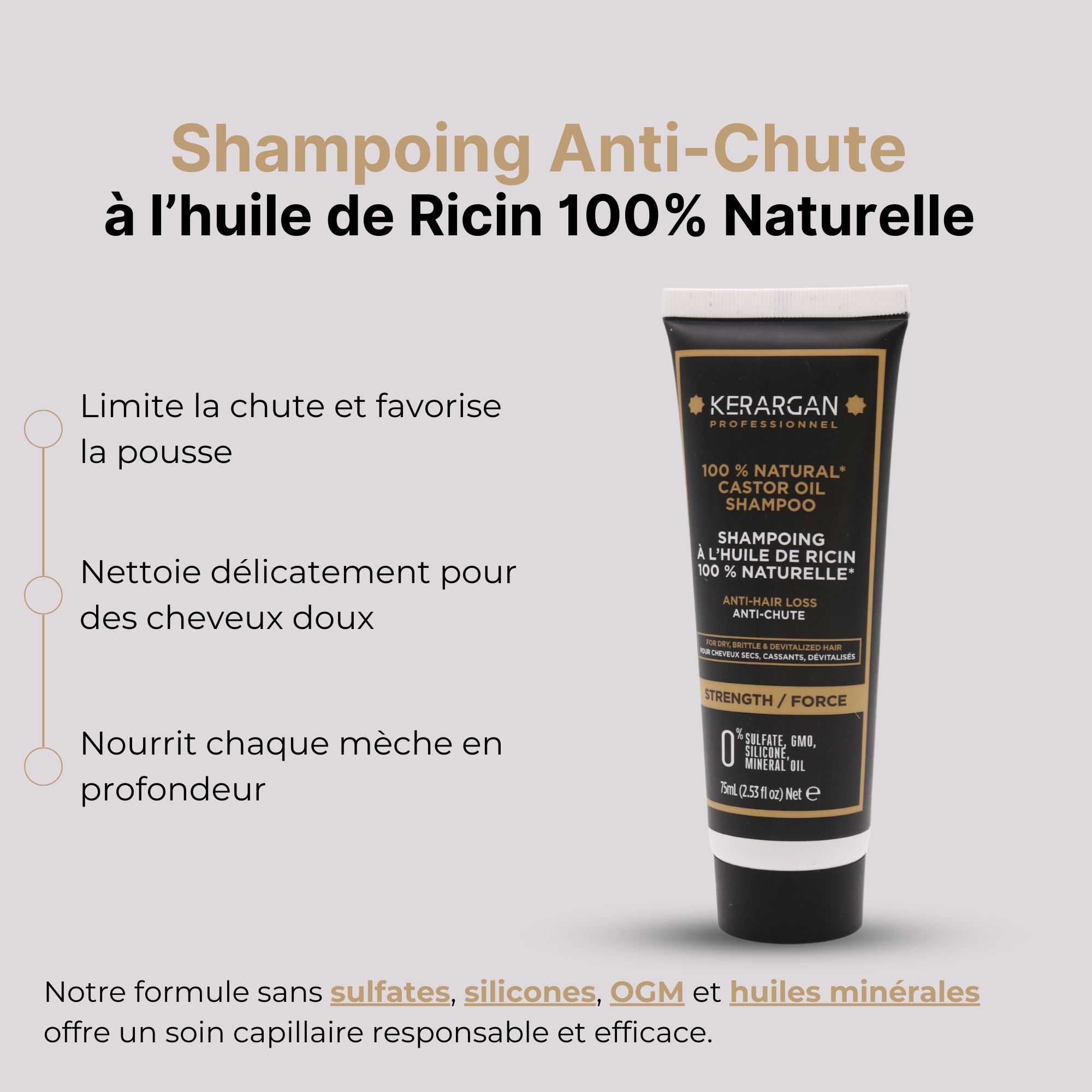 Tube de shampooing Kerargan. Texte : Shampooing Anti-Chute à l'huile de Ricin 100% Naturelle. Produit à côté.