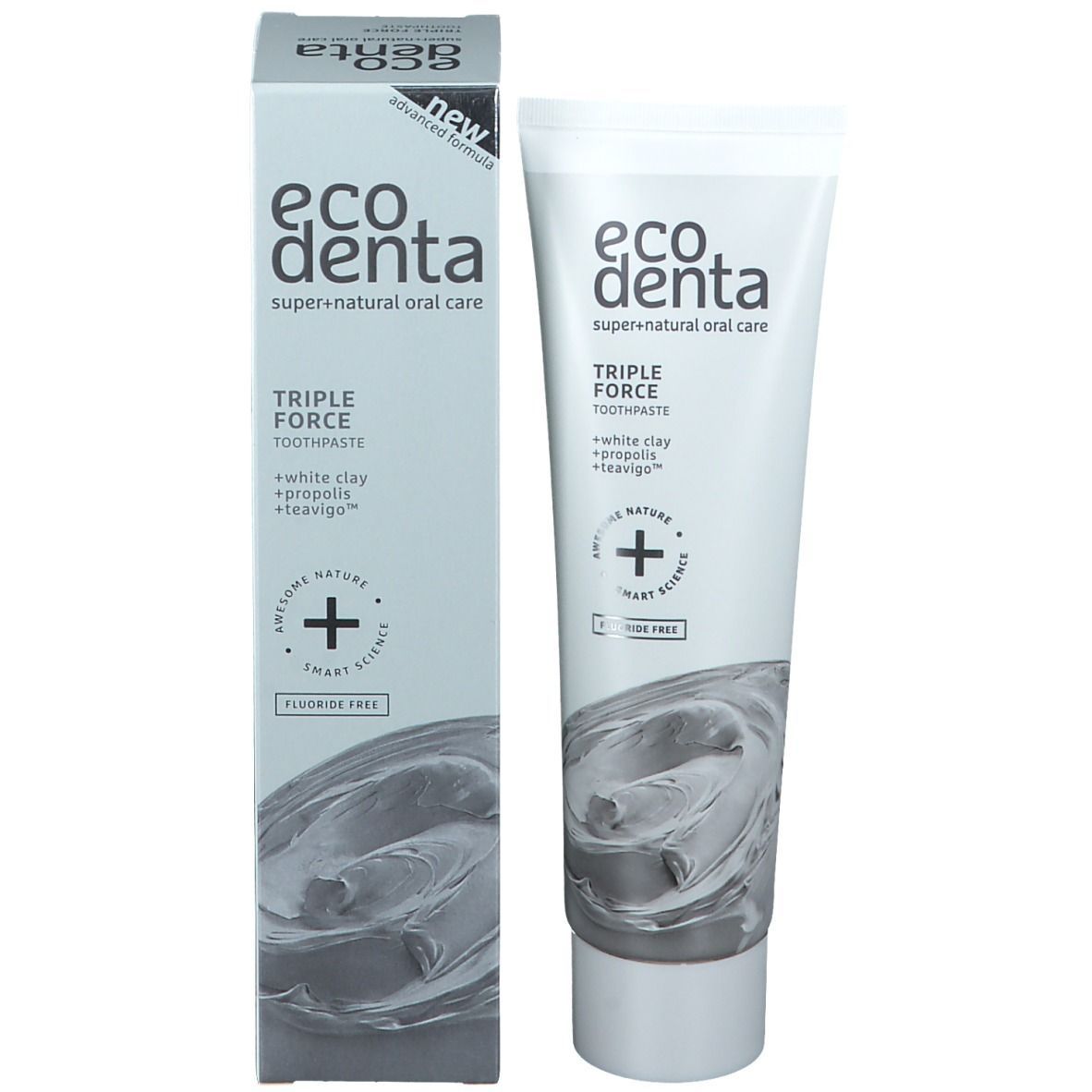 Tandpastatube en doos. Opschrift: ecodenta, Triple Force, + white clay, propolis, teavigo. Fluoridevrij. Doos: new advanced formula.